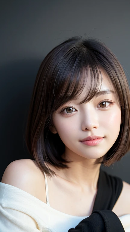 (((Close-up of face)))、(((Absolutely shoulder-length brown straight short bob)))、(((She is posing like a hair salon model, with a black wall indoors as the background.)))、(((Casual black winter long sleeves with shoulders covered)))、Half Japanese, half Korean、18 year old girl、Standing Alone、Looking forward、Light eye makeup、Brown Hair Color、Flat and 、Hair blowing in the wind、Actress Quality、Glossy, ultra-realistic face、Smiling face、Watery eyes、Gazing Up、Subtle lighting effects、 Ultra-Realistic Capture、Very detailed、High resolution 16K close up of human skin。Skin texture must be natural、The details must be such that pores can be clearly seen、The skin is healthy、Uniform tone、Use natural light and colors、A worn-out, high-quality photo taken by a model agency's in-house photographer.、smile、(((SIGMA 300 mm F/1.4,1/1000 sec shutter,ISO 400)))