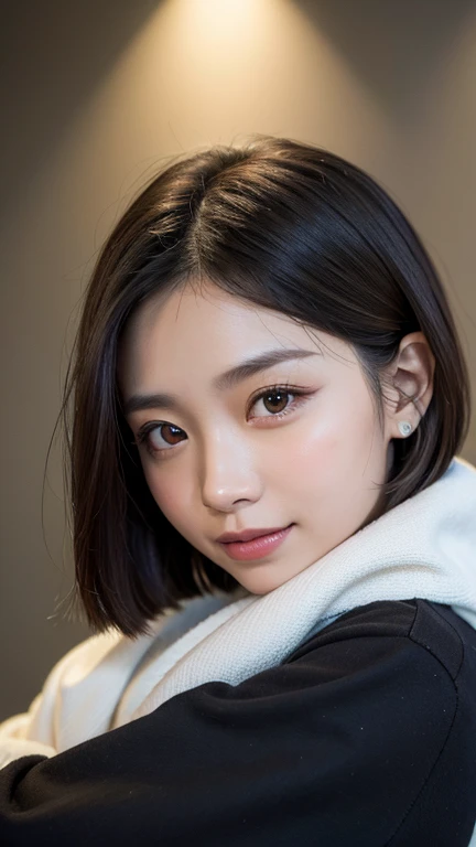 (((Close-up of face)))、(((Absolutely shoulder-length brown straight short bob)))、(((She is posing like a hair salon model, with a black wall indoors as the background.)))、(((Casual black winter long sleeves with shoulders covered)))、Half Japanese, half Korean、18 year old girl、Standing Alone、Looking forward、Light eye makeup、Brown Hair Color、Flat and 、Hair blowing in the wind、Actress Quality、Glossy, ultra-realistic face、Smiling face、Watery eyes、Gazing Up、Subtle lighting effects、 Ultra-Realistic Capture、Very detailed、High resolution 16K close up of human skin。Skin texture must be natural、The details must be such that pores can be clearly seen、The skin is healthy、Uniform tone、Use natural light and colors、A worn-out, high-quality photo taken by a model agency's in-house photographer.、smile、(((SIGMA 300 mm F/1.4,1/1000 sec shutter,ISO 400)))