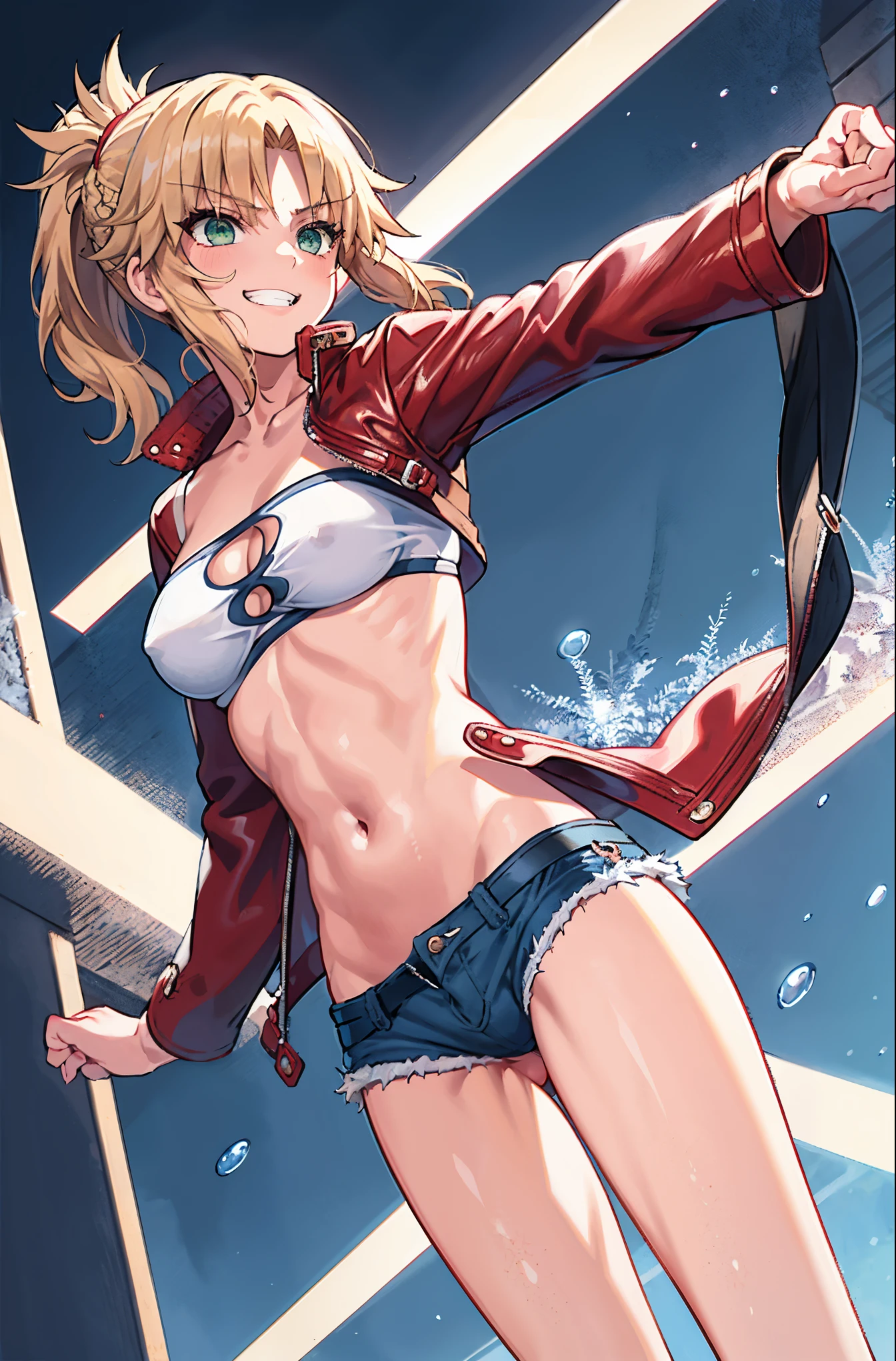 Masterpiece, Best Quality, illustration, city street, 1girl, Mordred \(fate\), cowboy shot, collarbone, Detailed blond hair ponytail braid, green eyes, Red leather jacket, White short blouse, denim shorts,navel,thigh-high,grin, covered_,skiny