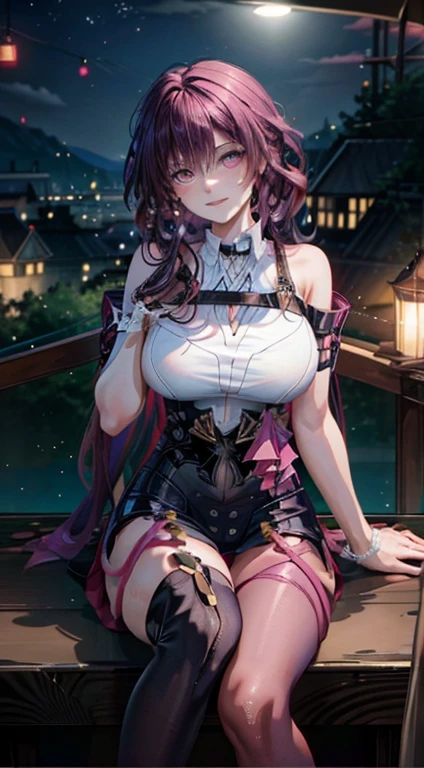 masterpiece, best quality, beauty, Anime hot girl, sexy uniforms, tight, purple hair, seductive smile, full body, portrait, beautiful woman, at night background, sitting open legs, seductive, hot, spicy, 