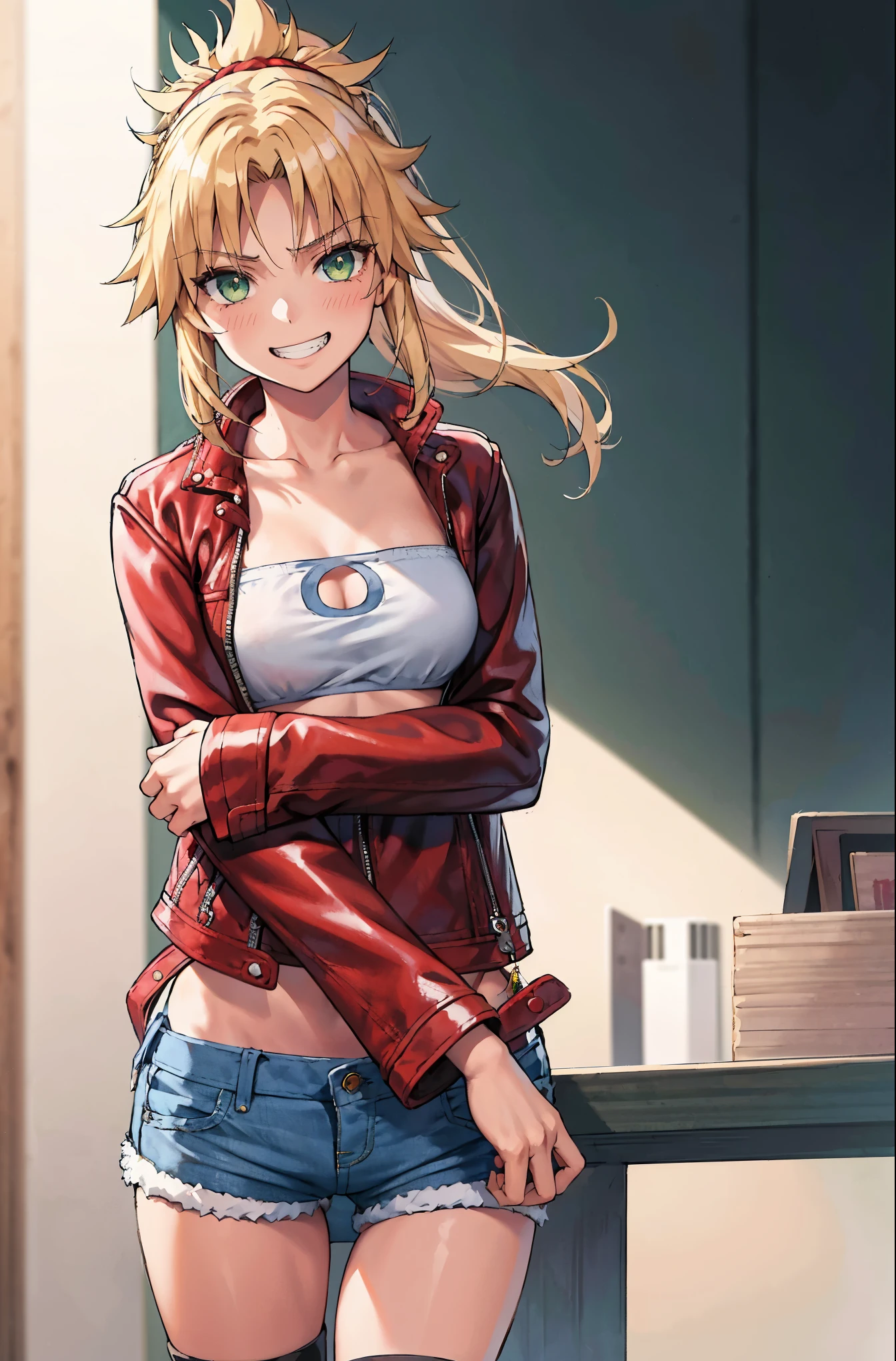 Masterpiece, Best Quality, illustration, city street, 1girl, Mordred \(fate\), cowboy shot, collarbone, Detailed blond hair ponytail braid, green eyes, Red leather jacket, White short blouse, denim shorts,navel,thigh-high,grin, covered_pussy,skiny