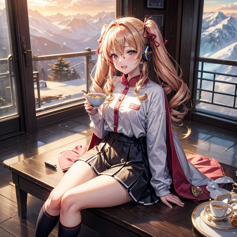 Pink gold golden hair、Golden Eyes、One good looking girl、Twin tails、solo、anime、Checkered mini skirt、The skirt has buttons、Red T-shirt、Long sleeve、China、Cape、Black knee-high socks、Wearing headphones、Wearing a ribbon、Ribbon on waist、Tilting face、Teeth are visible、Sunset sky、The rocks are exploding、Snow is piled up、Rocky Mountain、The clouds are breaking through、Contrail、Glasses、Behind him is a giant World Tree piercing the clouds.、Sitting、Automatic door、Burning Teacup、suspension bridge、Golden Sugar