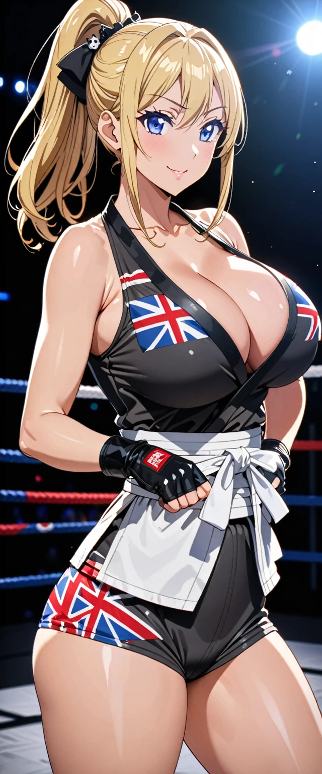 ((masterpiece)), ((high quality)), ((super detailed)), ((high resolution)) ,((8k)), a beautiful woman, ((She is one of the most famous female Gravure idol in the world.)), unparalleled beauty, ((huge breast)), ((large ass)), ((deep cleavage)), slim waist, chest out, ultra detailed face, perfect skin, (((Half-up hairstyle, Blonde Ponytail hair))), blue eyes, detailed eyes, whole body image, an inviting smile, (((anime))), ((glamorous)), 22 years old, ((incredibly beautiful woman)), ((The H cup bust)), (((Black judo wear))), ((beautiful breasts)), beautiful legs, 8 life size, anime, the most beautiful and strongest, ((charm)), ((Half Japanese and half British)), ((Grown-up face)), ((Open Finger Gloves, Five fingers)), ((Mixed Martial Arts, During a martial arts match)), fan service,