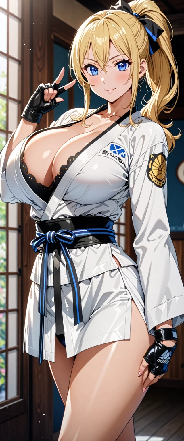 ((masterpiece)), ((high quality)), ((super detailed)), ((high resolution)) ,((8k)), a beautiful woman, ((She is one of the most famous female Gravure idol in the world.)), unparalleled beauty, ((huge breast)), ((large ass)), ((deep cleavage)), slim waist, chest out, ultra detailed face, perfect skin, (((Half-up hairstyle, Blonde Ponytail hair))), blue eyes, detailed eyes, whole body image, an inviting smile, (((anime))), ((glamorous)), 22 years old, ((incredibly beautiful woman)), ((The H cup bust)), (((Black judo wear))), ((beautiful breasts)), beautiful legs, 8 life size, anime, the most beautiful and strongest, ((charm)), ((Half Japanese and half British)), ((Grown-up face)), ((Open Finger Gloves, Five fingers)), ((Mixed Martial Arts, During a martial arts match)), fan service,