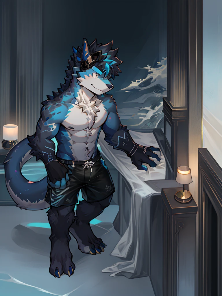 Chinese dragon boy，Gray fur，Topless, mammal, hairy，Gray Eyes，upscale hotel，Blue and black gradient swimming trunks quality，black fingerless gloves，goggles