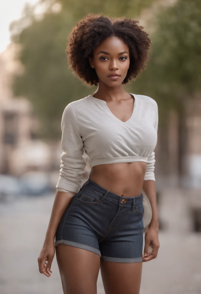 ((Dark African skin, Very deep ebony skin)), ((Its beauty is undeniable)), ((cute excited face)), ((Hyper detailed perfect eyes,)), ((pose mignonne)), ((Langue sortie)), ((Attirant )), sexy, (( Tight knit shirt, shorts courts sexy)), ((Afro curly African hair afro ponytail afro,)), (( peau)), ((debout, vue de face)), ((toucher ses propres jambes dans une pose sexy)), ((dehors, Ville publique)), Focused CGI, Fotorrealista, High detail, Realstic, Master part, Absurde, Best quality, Hdr, highly quality, high-definition, extremly detailed, 8k wallpaper, intricate high detail, 8K UHD, Full-HD, (photo realist:1.2), contraste, intense illumination, lighting cinematic, natural lighting, hard light, contre-jour, Illumination globale, occlusion ambiante