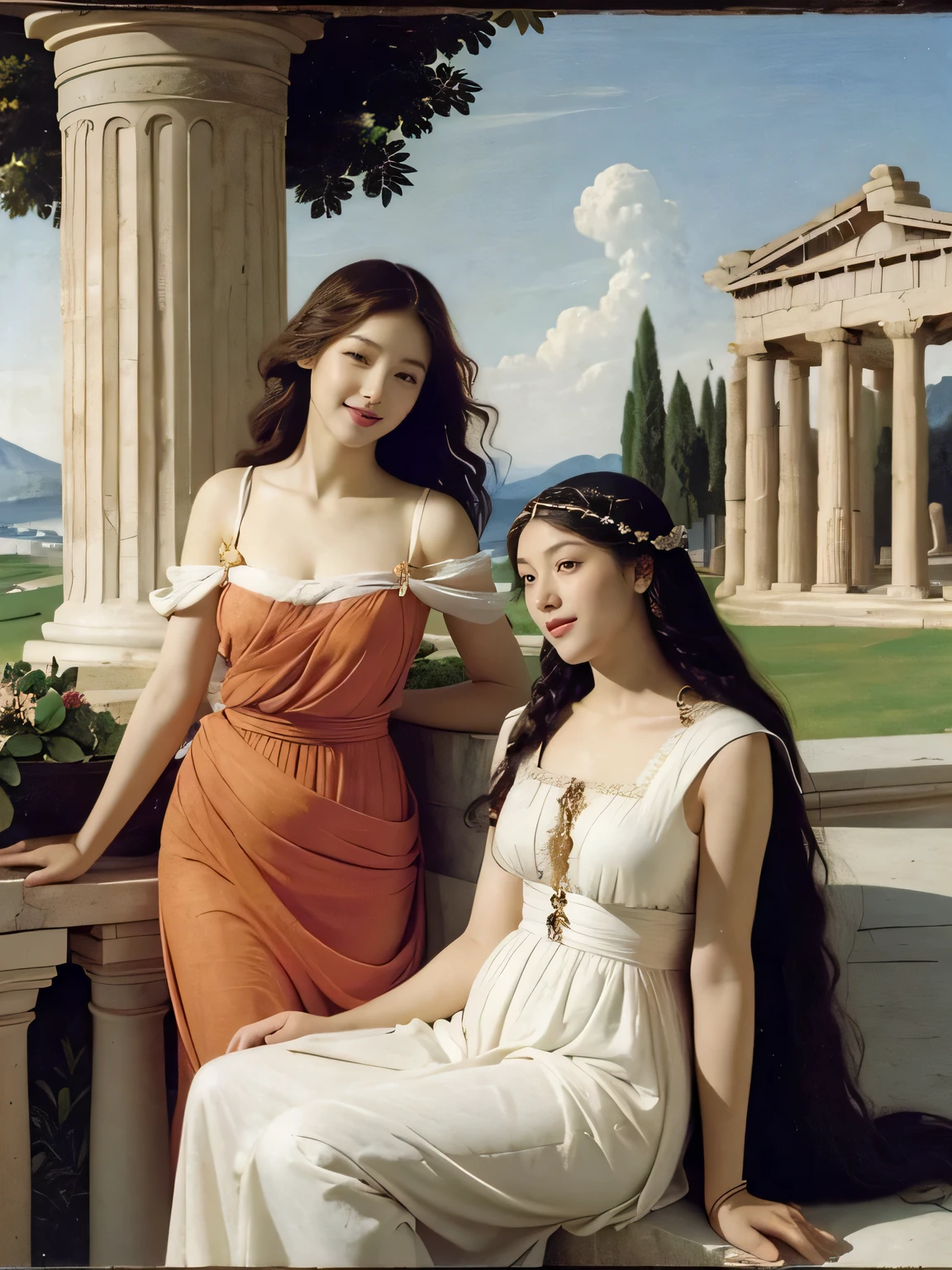 full body portrait or statue、Sandro Botticelli painting style,Arguments of two female Philosophe,math、astronomical machine、astronaut、roses in vase、fruits、Cute trinkets、smile、ancient greek costume、Ancient Roman landscape in the style of Nicolas Poussin,laughter,,Sweet and seductive appearance.、Caravaggio's paintings、Chiaroscuro of Caravaggio、hair tousled by the wind,Two women frolicking,cute smile, expression of ecstasy,Sexy,erotic