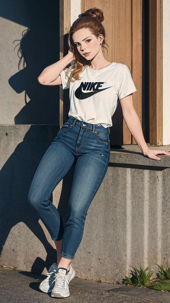A beautiful young woman, Erin Moriarty ,full body portrait, line art, high-quality ink drawing, ultra-detailed, realistic shading, vibrant colors, elegant posture, hanging out, vivid colors, flat image, top knot, chestnut brown hair,  jeans tsnk top and nike shoes