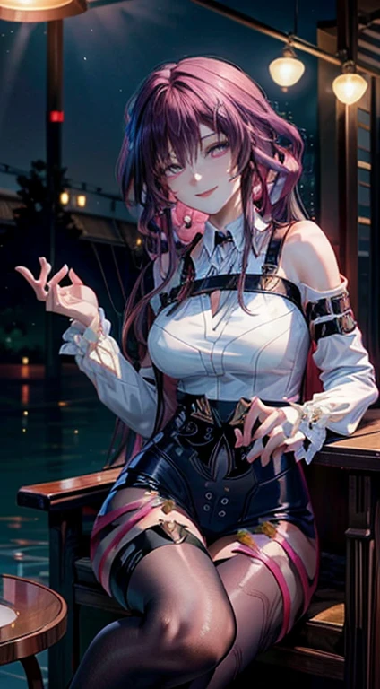 masterpiece, best quality, beauty, perfect anatomy, perfect eyes, perfect face, perfect fingers, perfect hands, Anime hot girl, sexy uniforms, tight, purple hair, seductive smile, full body, portrait, beautiful woman, at night background, sitting open legs, seductive, hot, spicy,