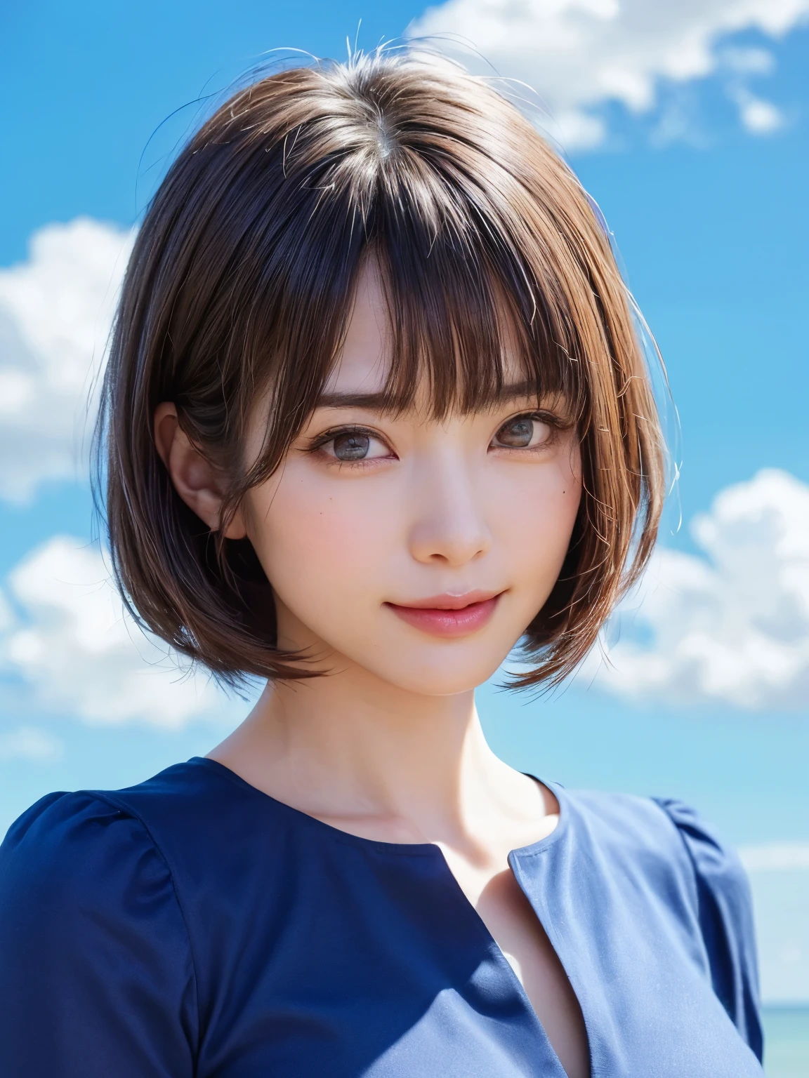 A woman with a short hair and blue dress posing for a picture - SeaArt AI
