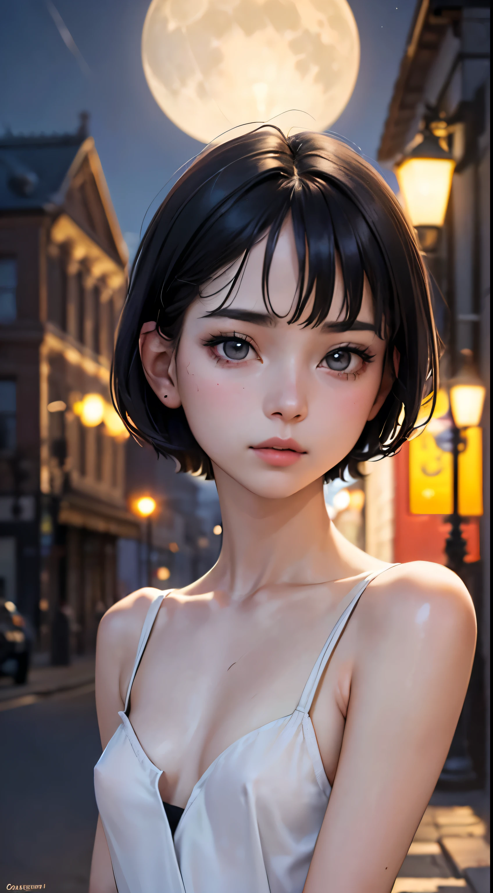 (,Street lamp,moon),masterpiece, One woman, Solo Exhibitions, Beautiful woman with small breasts,Beautiful Goddess Portrait, Beautiful and elaborate face, Porcelain-like skin, (((Full Shot,center, night, Black Hair, short hair)), Very soft lighting, Full Shot,Symmetric, complicated, grace, Attention to detail, realism, art, concept art,White clothes