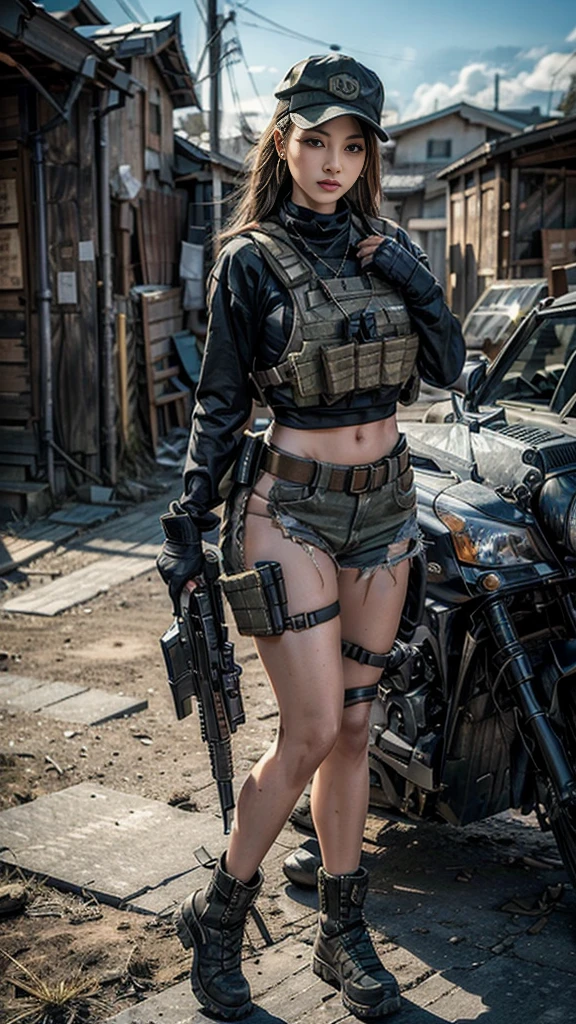 (Photographic:1.3, 16k, highest quality, masterpiece, Ultra-high resolution), Perfect dynamic composition:1.2, Highly detailed skin and facial textures:1.2, Covered in scars:1.2, (The End of the World:0.7, Contrasting with the desolate background:0.7, Increase the disruptive element:0.7, Debris and impurities scattered around:0.7), (Dynamic action pose:1.0, Professional camera work:1.0, Aim with a gun:1.0), U.S. military bases, Beautiful Japanese women serving in the US military, Incredibly slim body, Fair skin, Very beautiful face, Stern expression, (Automatic rifle:1.0, Bulletproof vest:1.0, Torn military uniform:1.0, Backpack:1.0, boots:1.0), Shapely breasts, Chest gap, Big eyes that exude beautiful eroticism, Lips that exude beautiful eroticism, Cowboy Shot, necklace, Earrings, bracelet, Tattoo, military cap