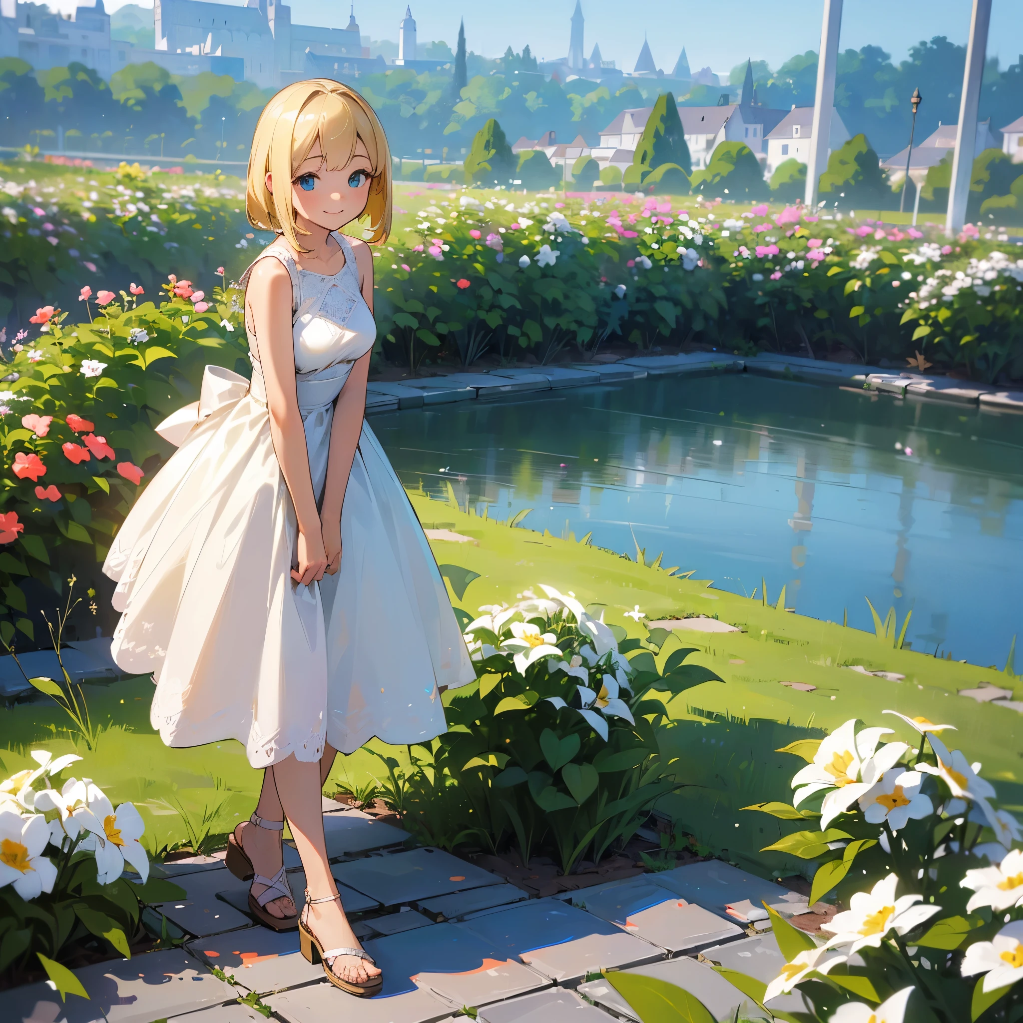 (high quality, High resolution, Very detailed, reality:1.37), Peaceful atmosphere, (Outdoor, garden), Teenage girl standing alone, (my breasts are big.), Beautiful details, Cute Smile, (Blonde Bob Hair), White sleeveless dress, Sandals.