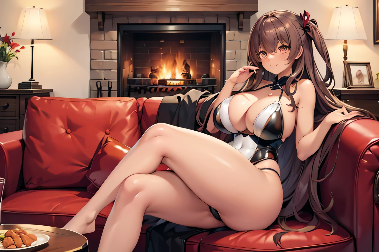 Anime illustration、highest quality、Voluptuous gravure idol、Perfect proportions、Log house、fireplace、smile、Extraordinary Big Breasts、Thick legs、sofa