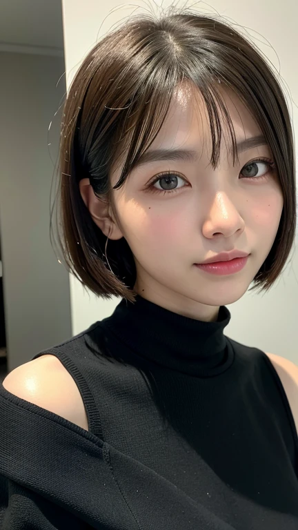 (((Close-up of face)))、(((Absolutely shoulder-length brown straight short bob)))、(((She is posing like a hair salon model, with a black wall indoors as the background.)))、(((Casual black winter long sleeves with shoulders covered)))、Half Japanese, half Korean、18 year old girl、Standing Alone、Looking forward、Light eye makeup、Brown Hair Color、Flat and 、Hair blowing in the wind、Actress Quality、Glossy, ultra-realistic face、Smiling face、Watery eyes、Gazing Up、Subtle lighting effects、 Ultra-Realistic Capture、Very detailed、High resolution 16K close up of human skin。Skin texture must be natural、The details must be such that pores can be clearly seen、The skin is healthy、Uniform tone、Use natural light and colors、A worn-out, high-quality photo taken by a model agency&#39;s in-house photographer.、smile、(((SIGMA 300 mm F/1.4,1/1000 sec shutter,ISO 400))) 