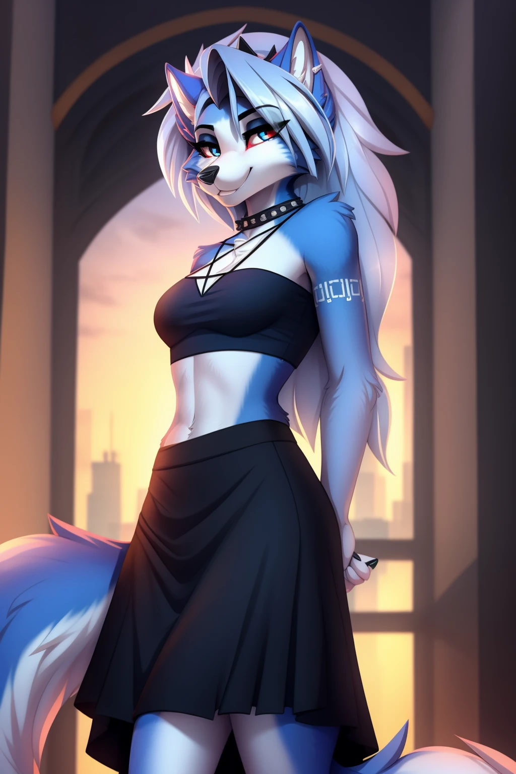 By zinfyuu on pixiv,by twistedscarlet60, uploaded on pixiv, by fluff-kevlar, (masterpiece), (best quality), (anthro furry:1.3, snout:1.2, anthro:1.3, furry:1.2, solo female:1.2), (extremely detailed:1.3), (Detailed eye part: White lens, red iris,black cornea), tall, slim body, sweet smile, wear Black tshirt and long skirt, loona, krystal