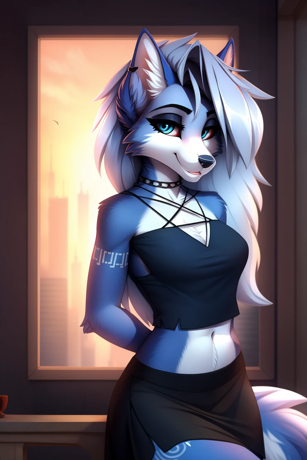 By zinfyuu on pixiv,by twistedscarlet60, uploaded on pixiv, by fluff-kevlar, (masterpiece), (best quality), (anthro furry:1.3, snout:1.2, anthro:1.3, furry:1.2, solo female:1.2), (extremely detailed:1.3), (Detailed eye part: White lens, red iris,black cornea), tall, slim body, sweet smile, wear Black tshirt and long skirt, loona, krystal