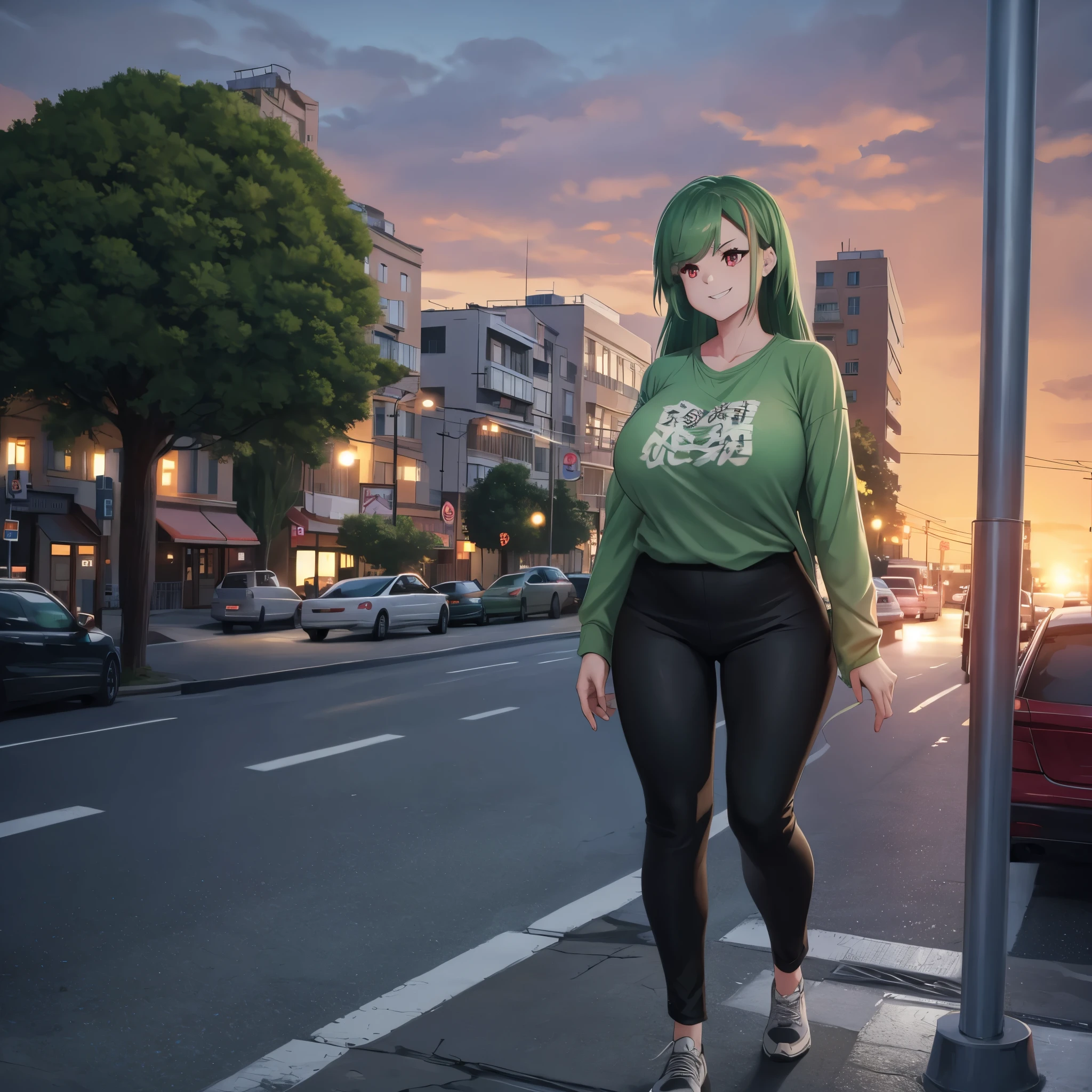 A woman wearing a casual green shirt, with kanji writing on the shirt, wearing tight black pants, big breasts, long green hair, red eyes, smiling, walking on a concrete sidewalk, retro pole in place, perfect tree in the background, a modern city European, full body, at the end of the sunset, illuminated location, bokeh effect,atmospheric perspective, 8k, superdetail, accurate, best quality, award-winning, textured skin, high resolution, anatomically correct(solo woman)
