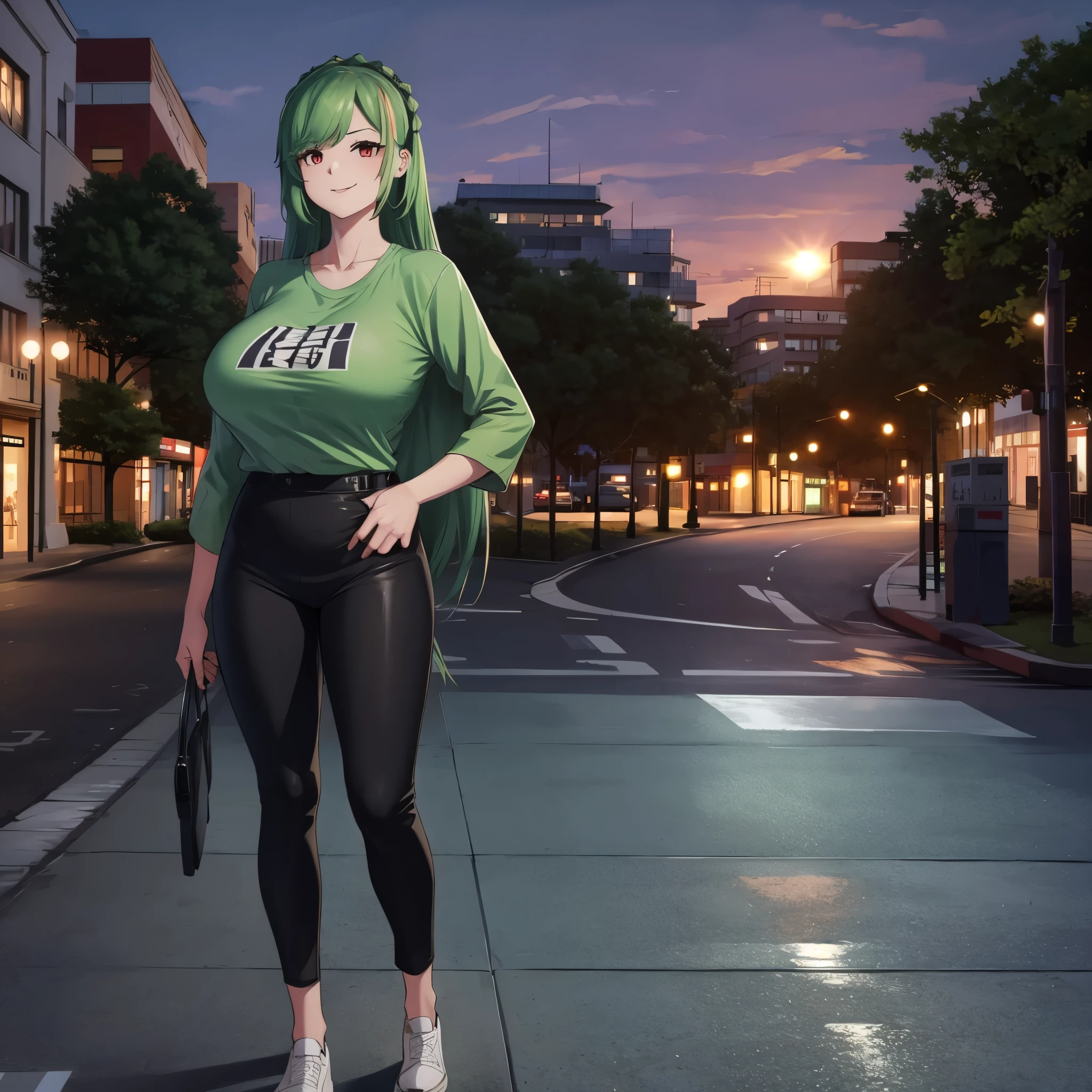 A woman wearing a casual green shirt, with kanji writing on the shirt, wearing tight black pants, big breasts, long green hair, red eyes, smiling, walking on a concrete sidewalk, retro pole in place, perfect tree in the background, a modern city European, full body, at the end of the sunset, illuminated location, bokeh effect,atmospheric perspective, 8k, superdetail, accurate, best quality, award-winning, textured skin, high resolution, anatomically correct(solo woman)
