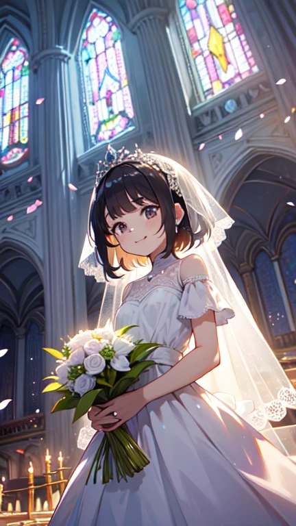 mesa,mejor calidad,ultra detallado,8k,interior, in the wedding hall, En la iglesia,petals falling,de cerca,alto,hembra grande,pechos gigantes,joven,20 years,pelo medio,pelo ondulado,By the chestnut,tiara de la novia, labios de garrapata, feliz ,tears,sonrisa, rubor, boca abierta,(disfraz estilo vestido de novia, velo de novia, bordado de encaje fino), (sosteniendo un ramo con ambas manos), Encendiendo, perfect Encendiendo, fuga de luz,