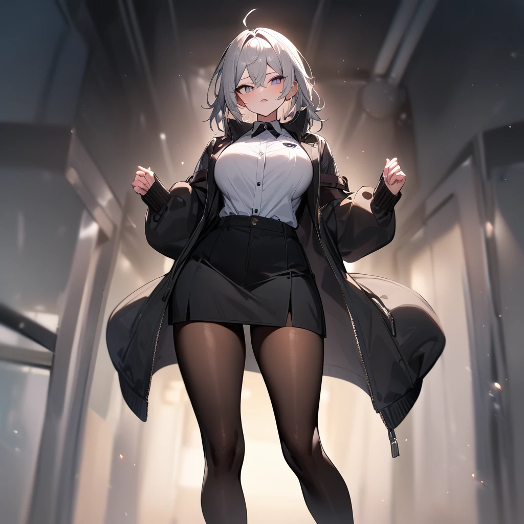 masterpiece,best quality,very aesthetic,absurdres,androgynous,from front,looking at viewer,jacket,pantyhose,big breast,layer