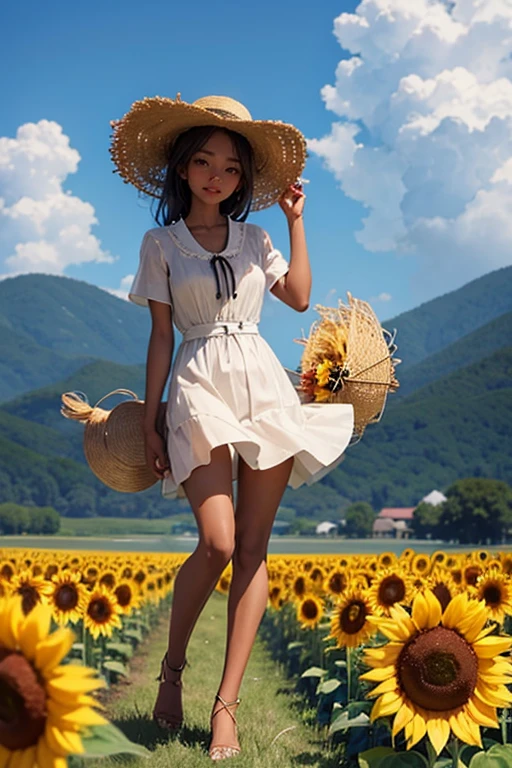 Dark skinned woman,Short sleeve dress,Straw hat,Sunflower field,Animal Ears,Full body pose