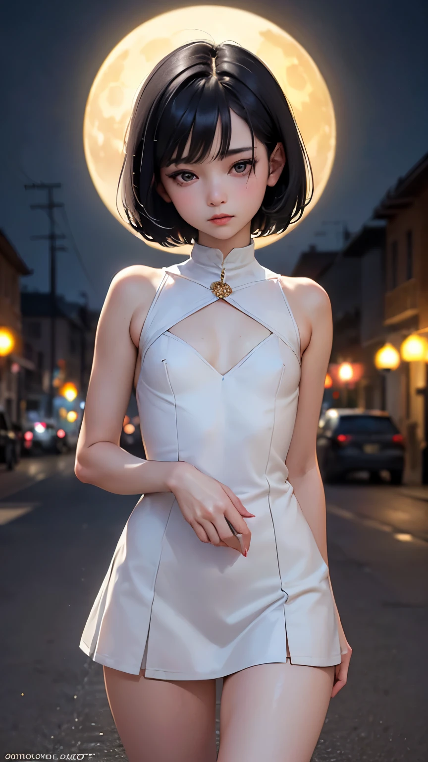 (,Street lamp,moon),masterpiece, One woman, Solo Exhibitions, Beautiful woman with small ,Beautiful Goddess Portrait, Beautiful and elaborate face, Porcelain-like skin, (((Full Shot,center, night, Black Hair, short hair)), Very soft lighting, Full Shot,Symmetric, complicated, grace, Attention to detail, realism, art, concept art,White clothes