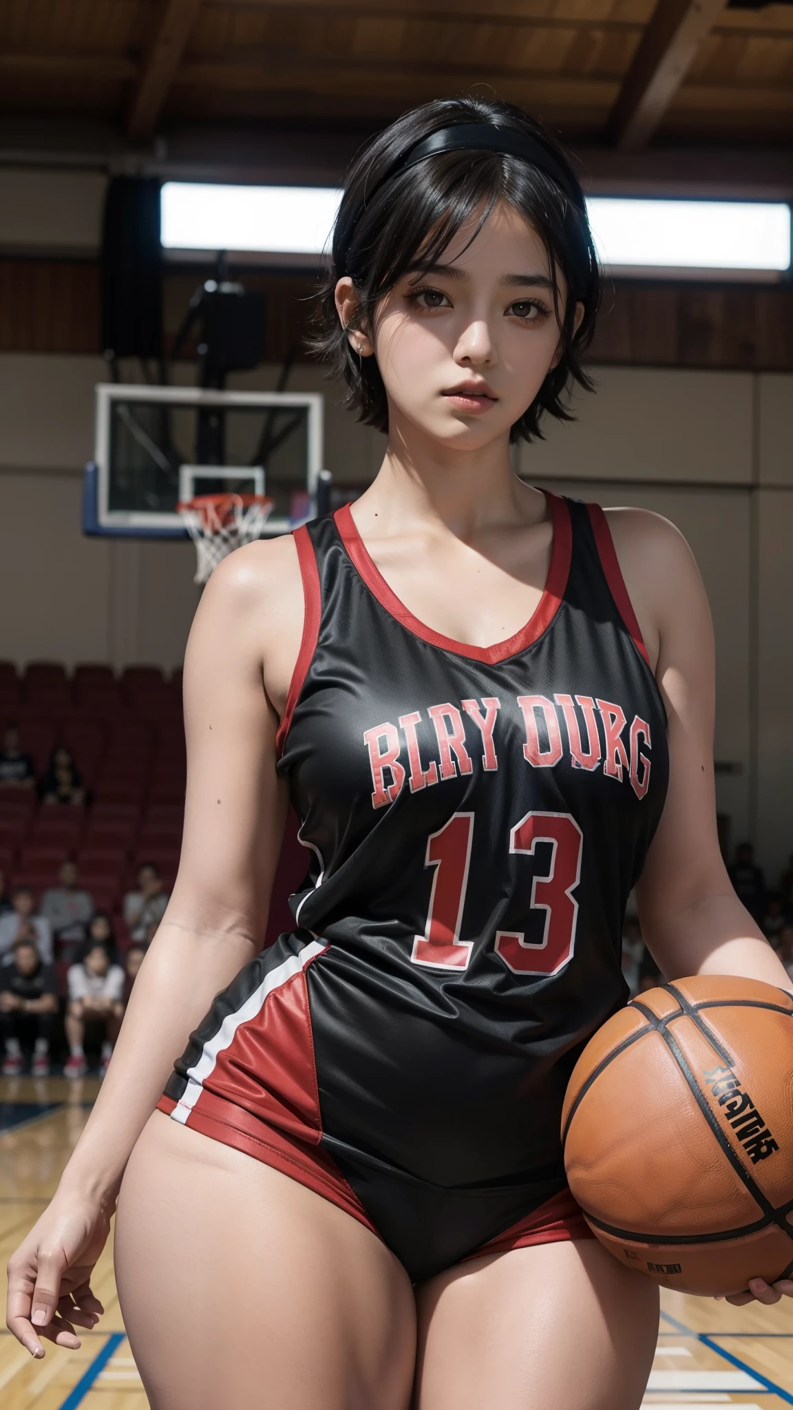 Sarada, short hair, hairband, black eyes, beautiful, gorgeous woman, perfect body, perfect breasts, (((thick thighs))), wearing a basketball jersey, on the basketball court, holding a basketball, 8k 