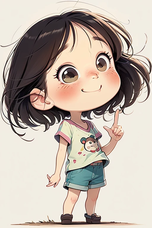 watercolor painting，Chibi A cartoon young girl wearing a pink v-neck shirt and white shorts, big smile with teeth, large cute eyes, ((OK sign) with fingers), cute digital painting, cute digital art, Lovely and detailed digital art, cute portrait, cartoon art style, Super cute and stylish black-haired girl, kawaii realistic portrait, Cute cartoon style, (((chibi))) beautiful art, Realistic cute girl