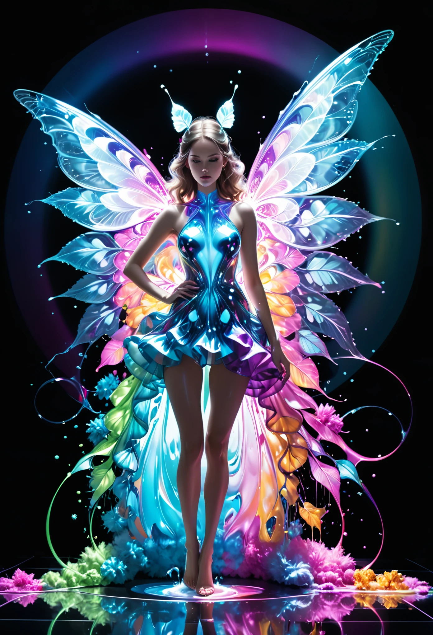in style of Megan Hess|(in style of Nick Veasey)|in style of Nick Veasey,psychedelic,datura stramonium,synthwave,(blurred butterfly wings:0.8),(a blurred sense of borders:1.3),(the wings blend in with the background:1.1),(circular composition:1.1),a (slender:0.3) ((handsome woman wrapped in liquid splash made of shiny volumetric Mandelbrot printed on fluffy fur)),glossy,extreme color mixing,divergent light,shiny,vibrant colors,volumetric,casts bright colorful highlights,best quality,partially translucent,sharp clear art,self-illuminating,inner glow,divine,reflective floor,