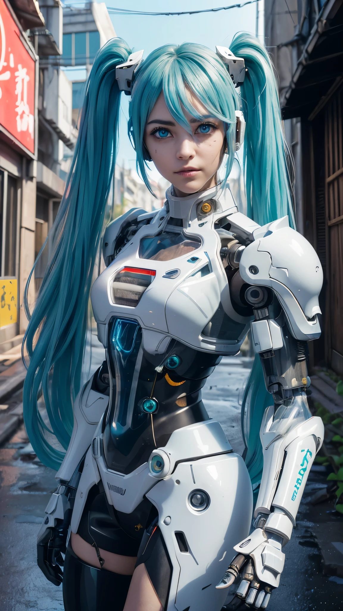 (La mejor calidad,A high resolution,Ultra - detallado,actual), Miku Hatsune, ,(Ruined alley Tokyo cyberpunk dungeon ruins background :1.4 ), pechos grandes, dynamic pose , (pelo verde  colas gemelas) ,(minifalda corta blanca:1.4), cabello muy largo) , pon tus b, cara relajada, pelo de las cejas, cabello brillante,,(Fondo de ruinas de mazmorra en ruinas cyberpunk :1.4 ), piel brillante, una ligera sonrisa, Racing Miku, cuerpo negro, chaqueta corta, (chaqueta blanca:1.4), mostrando vientre plano, , manga larga, guantes de dos tonos, botas altas de muslo,,(Fondo de ruinas de mazmorra en ruinas nublado lluvia :1.4 ),(Obra maestra: 1.4), (8k, realista, foto cruda, La mejor calidad: 1.4),(Miku Hatsune:1.4), (Miku-hatsune V2.1), (Detalles de la cara: 1.5, (ojos azules hermosos detailed :1.4) , hermoso rostro, ojos bonitos, revestimiento del iris, labios delgados: 1.5, delgado, pale and sharp eyebrows, Largo, dark eyelashes, double eyelashes), (dedos detailed : 1.4) ,( dynamic pose), (perfect anatomy), (cara detallada :1.4), , (cosplay hatsune-miku),( no mutaciones), ,(Fondo de ruinas de mazmorra en ruinas cyberpunk :1.4 ), FácilNegative, pechos enormes, retocado, cgi, monocromo, (en blanco y negro), cabeza grande, oversized head, cuerpo desproporcionado,( background large leaves wild carnivore :1.4), (with a mechanical cyborg armor transparent white :1.4), (cyborg white plastic transparent :1.4) 