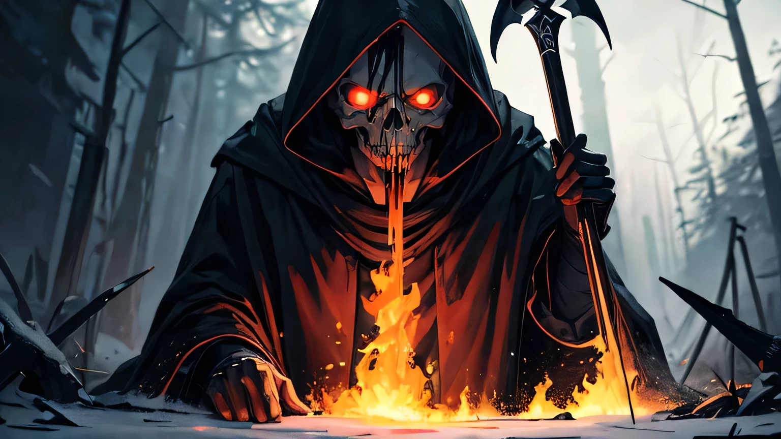 (oil, masterpiece, highest quality, Super detailed, Focus on the characters), grim Reaper,skull,Black dirty robe,Scythe,,Detailed hair depiction,Neon Light,([return:0.8]|[ face facing returnwards:1.1]), ,([Dark Forest Scenario:1.2]|[ ground:1.3]| [High Contrast:1.1])  