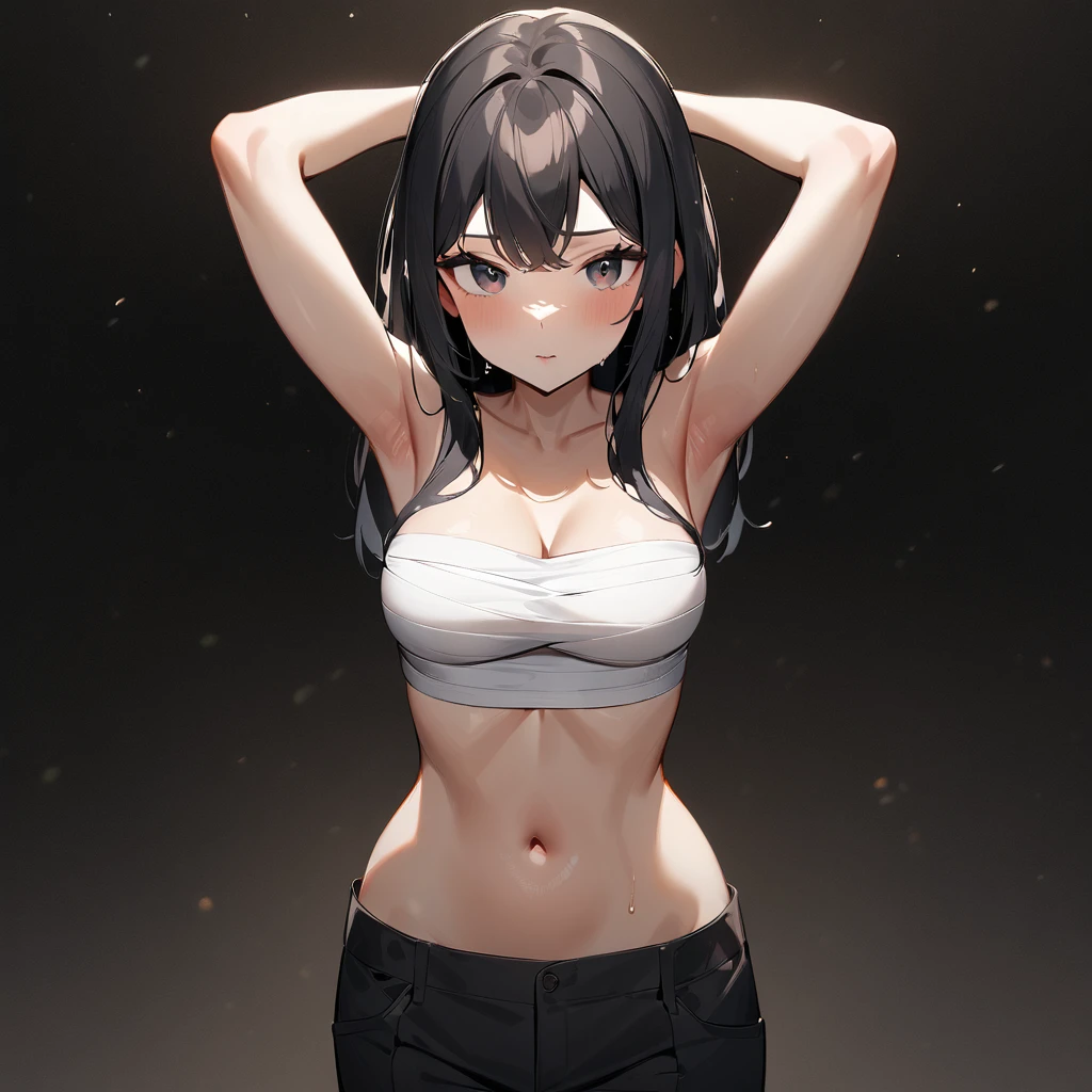 nsfw,1girl,(black hair:1.3),front view,chest_sarashi only,best quality,very aesthetic,absurdres,slacks,cowboy shot,cleavage,side-locks,looking at viewer,topless,cowboy shot,Underarm,arms up