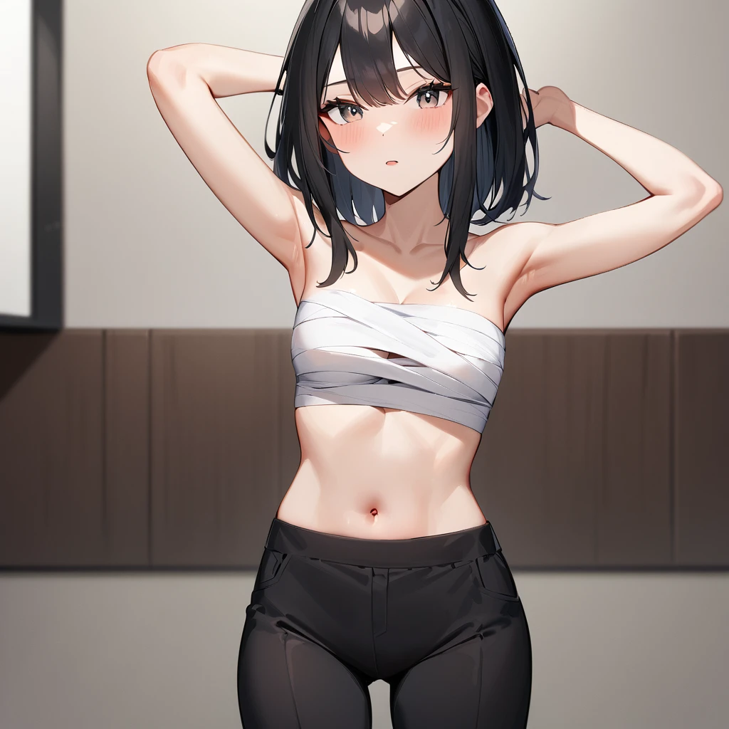 nsfw,1girl,(black hair:1.3),front view,chest_sarashi only,best quality,very aesthetic,absurdres,slacks,cowboy shot,cleavage,side-locks,looking at viewer,topless,cowboy shot,Underarm,arms up