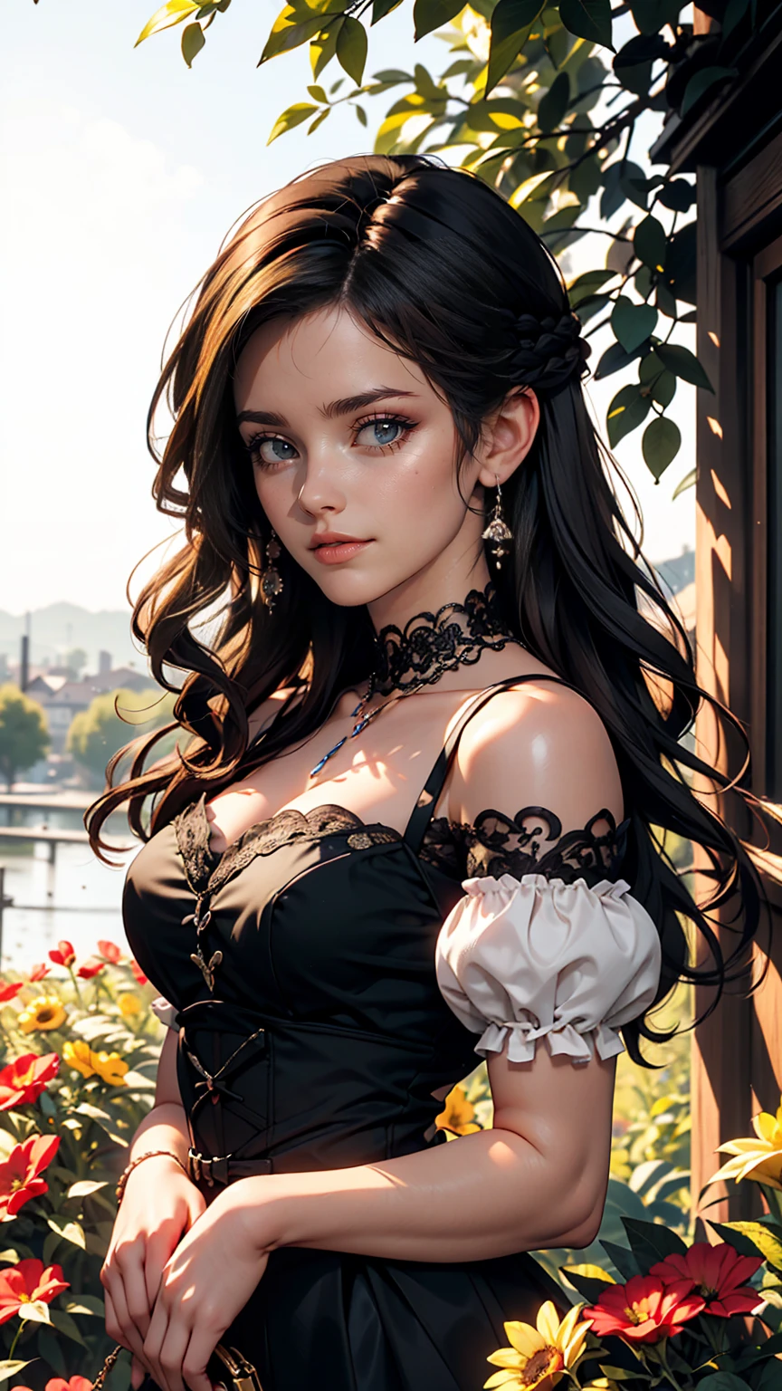 (masterpiece:1.2), (highest quality:1.2), Perfect Eyes, Perfect Face, Perfect lighting, One girl, Mature goth girl woman standing with hands out in front of her, Long Hair, Complicated hairstyle, compensate, Black Lips, Thick eyelashes, sad, melancholy, Dressed as a goth girl, Black and white dress, Frills, ribbon, Puffy sleeves, Exposing shoulders, Lace choker, jewelry, peaceful, quiet, Chill, Detailed outdoor background, Beautiful Landscape, Fantasy, summer, sunny, Sunburned, Flowers, wood  、smile