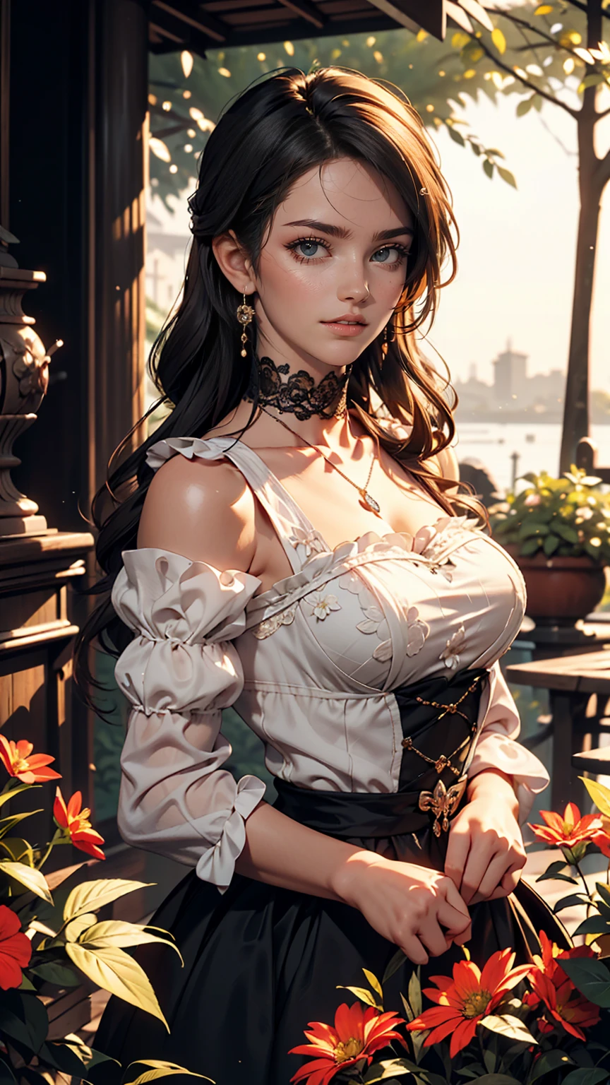 (masterpiece:1.2), (Highest quality:1.2), Perfect Eyes, Perfect Face, Perfect lighting, One girl, Mature goth girl woman standing with hands out in front of her, Long Hair, Complicated hairstyle, compensate, Black Lips, Thick eyelashes, sad, melancholy, Dressed as a goth girl, Black and white lace dress, Frills, ribbon, Puffy sleeves, Bare shoulders, Lace choker, jewelry, peaceful, quiet, Chill, Detailed outdoor background, Beautiful Landscape, Fantasy, summer, sunny, Sunburned, Flowers, wood