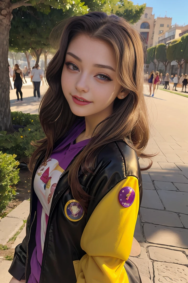(Obra maestra, La mejor calidad:1.2), solamente, 1 chica , hermosa chica adolescente europea , Caucasian , mlp Adagio Dazzle , linda sonrisa presumida , maquillaje , labios rojos , little black jacket , ropa casual morada , el brillo de la puesta de sol , 18 years , hermosa chica adolescente , Modelo adolescente , ojos color morado , parque , concierto  , cabello rubio esponjoso  pelo rubio esponjado  , foto de cuerpo completo 