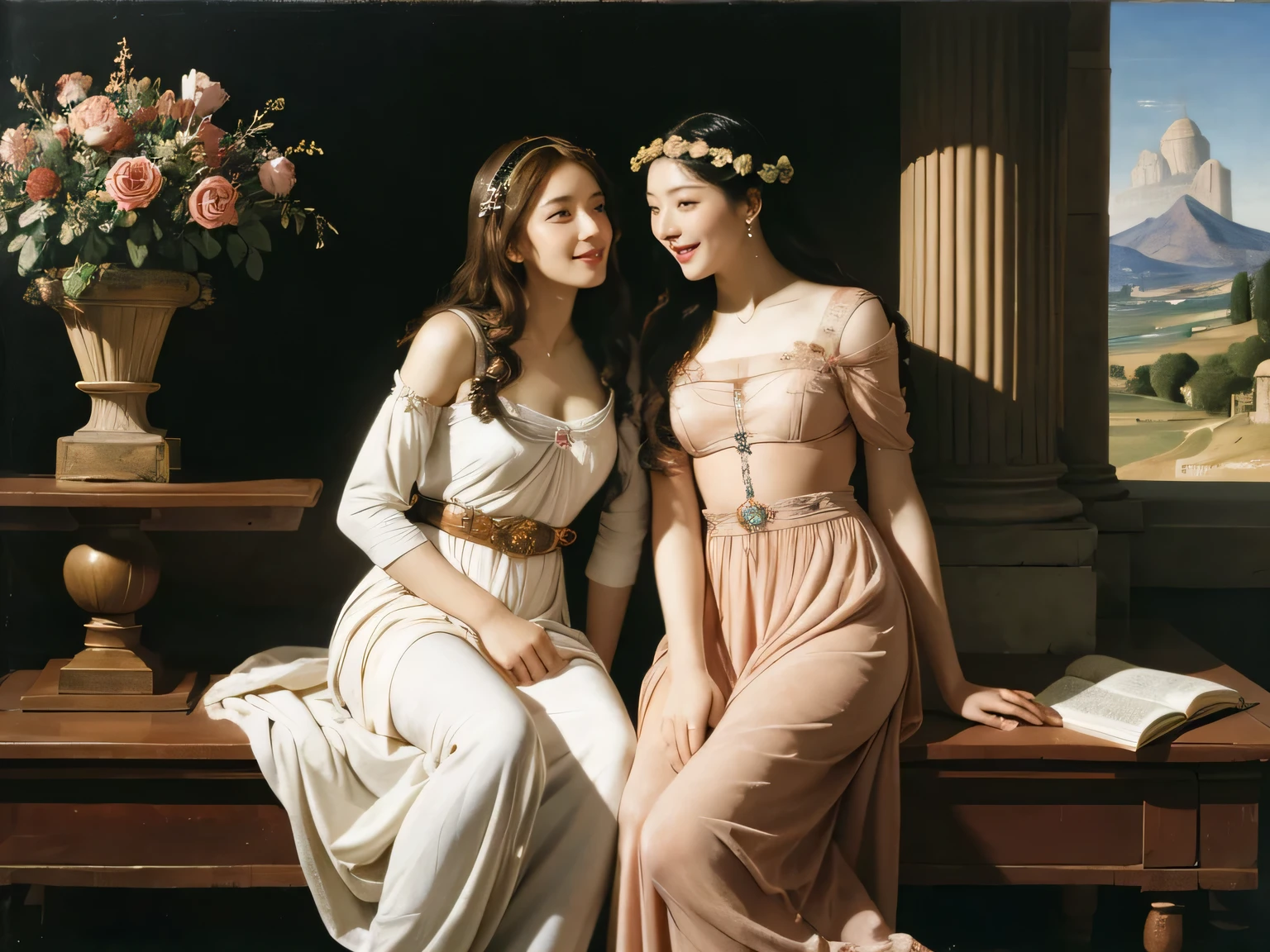 full body portrait or statue、Sandro Botticelli painting style,Arguments of two female Philosophe,math、astronomical machine、astronaut、roses in vase、fruits、Cute trinkets、smile、ancient greek costume、Ancient Roman landscape in the style of Nicolas Poussin,laughter,,Sweet and seductive appearance.、Caravaggio's paintings、Chiaroscuro of Caravaggio、hair tousled by the wind,Two women frolicking,cute smile, expression of ecstasy,Sexy,erotic