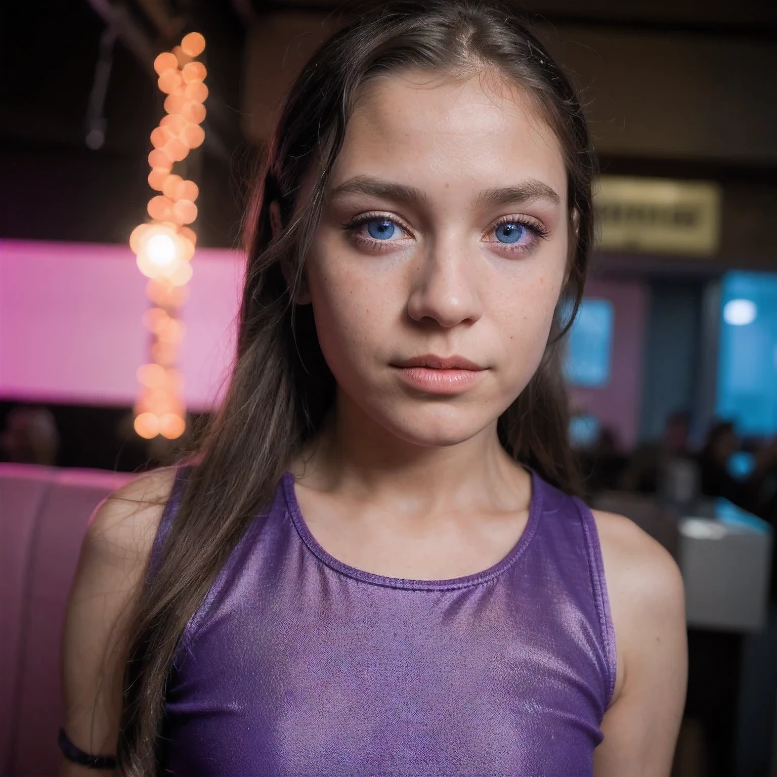 photo of a pupil,9 years old, in Purple Pink, futuristic cotton and linen, (freckles:0.8) cute face, sci-fi, dystopian, detailed eyes, cobalt blue eyes((Side view))Disco bar
