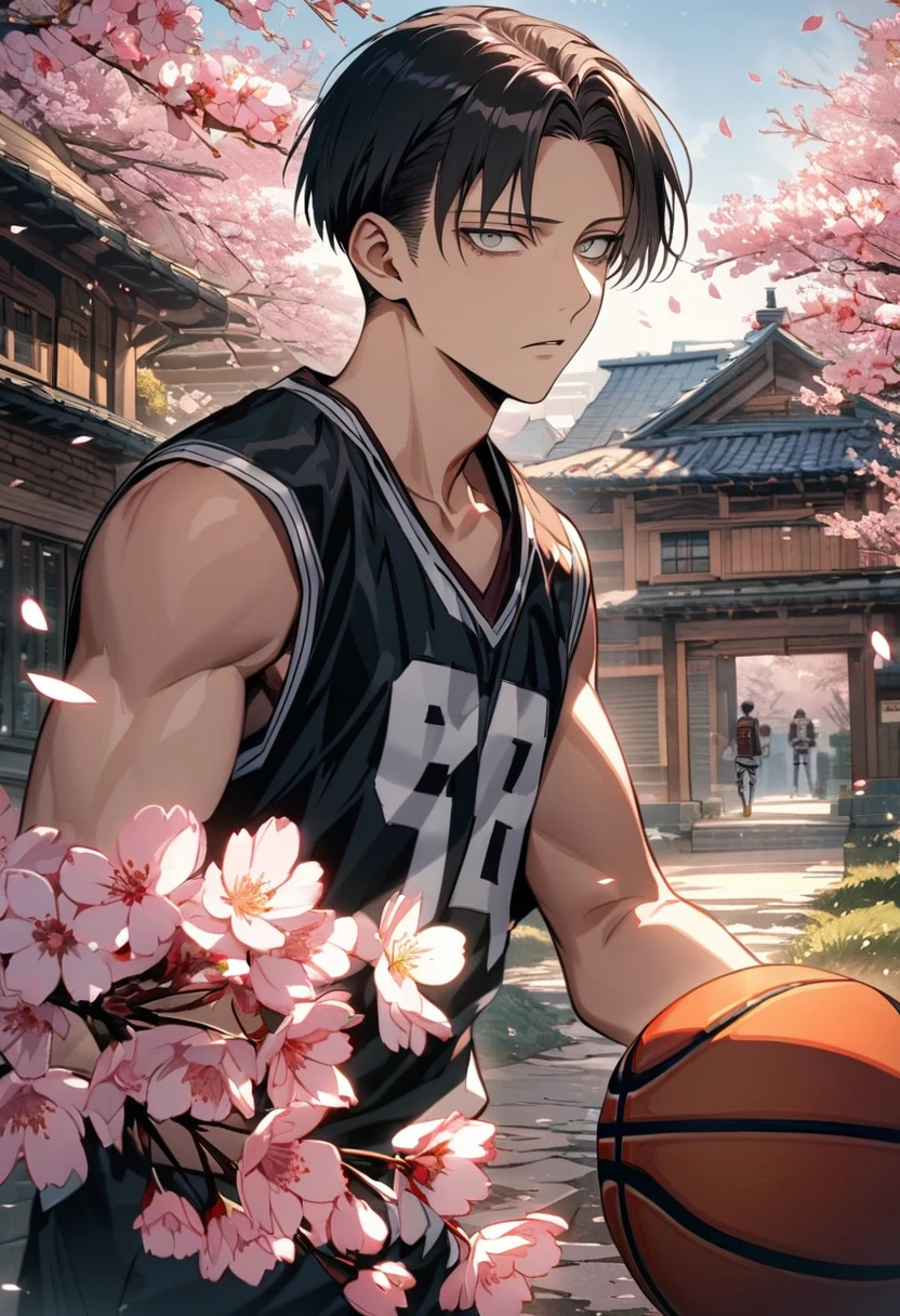 Ultra detailed, HDR, Highres, absurdres, master piece, Levi Ackerman, black hair, expressive grey eyes, Shingeki No Kyojin, blossoms, petals, basketball uniform, spring, cherry blossoms, sexy man, solo, extremely detailed face and eyes, handsome,