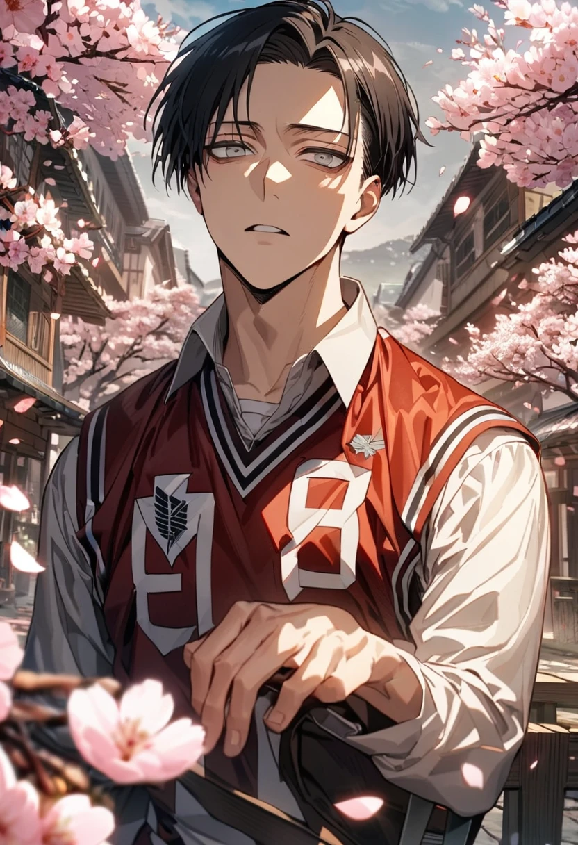 Ultra detailed, HDR, Highres, absurdres, master piece, Levi Ackerman, black hair, expressive grey eyes, Shingeki No Kyojin, blossoms, petals, basketball uniform, spring, cherry blossoms, sexy man, solo, extremely detailed face and eyes, handsome,