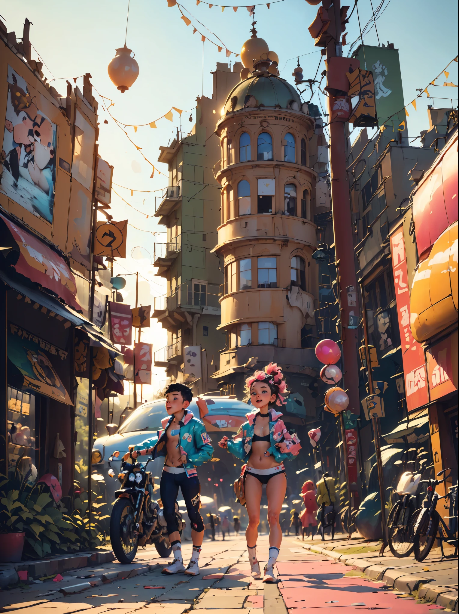 ((Stunning masterpiece anime illustration.)), ((Extremely delicate and beautiful cyber girl.)), ((Cara muy detallada y descubierta)), ((mechanical member, )), (conexiones de tubos que se unen al cuello:1.2), ((masa de alambres y cables en la en cuerpo)), ((wearing a colorful Harajuku technical jacket with logo)), (dynamic pose), ((moto futurista en costado izquierdo)), ((de noche cielo con smog)),(obra maestra), (((Mejor calidad))), ((ultra detallado)), (highly detailed photorealistic CG illustration), cinematic lighting, Science fiction, extremadamente detallado, vistoso, mayor detalle, (((fondo de la ciudad ciberpunk, (Caza recompensas), distrito de harajuku))), NSFW