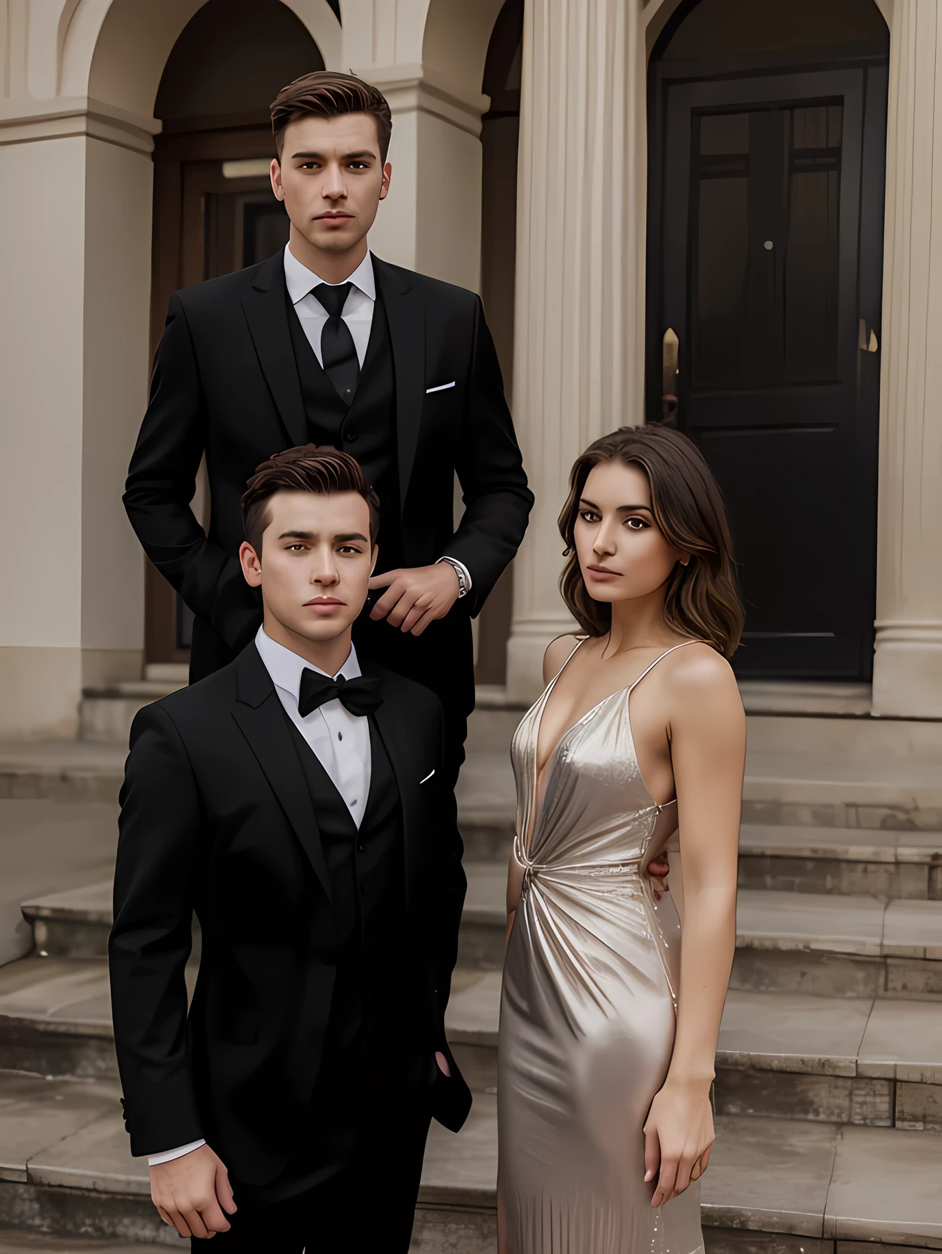 1 Boys, wearing a suit, no beard, 1 girl, wearing a black dress