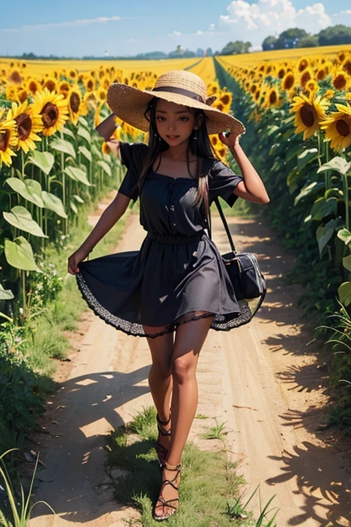 Dark skinned woman,Short sleeve dress,Straw hat,Sunflower field,Animal Ears,Full body pose,delete,background