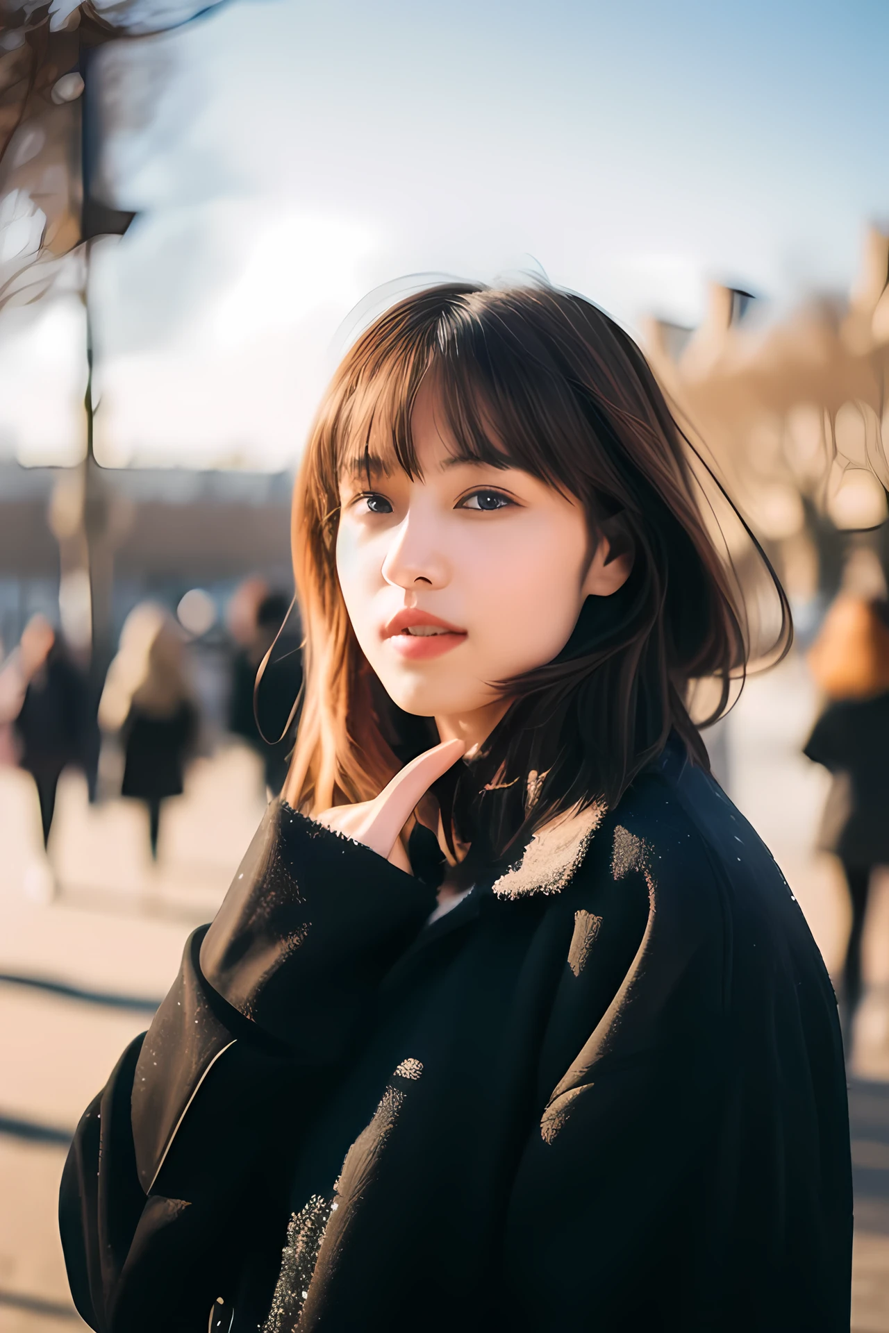 youth,1girl,looking at viewer, full body,jewelry, necklace, realistic, brown hair, blurry background, blurry,bangs, black eyes,paris,fashion,peoples in background, winter coat,
dynamic pose, motion blur,
Warm sun,Winter,snow,delicate face, young,
