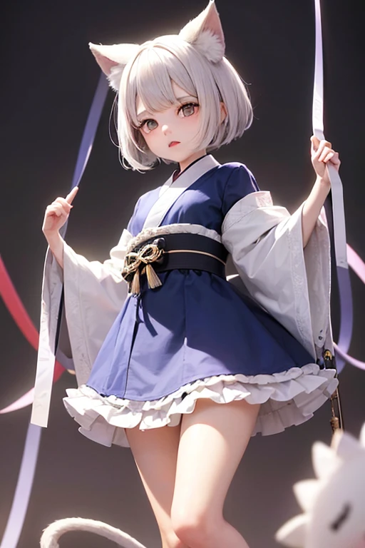 With a simple background、A girl of about 10 years old is standing alone.。She has white hair、The front hair has brown mesh。Bob cut with cat ears and a tail、The eyes are blue。She is wearing a long-sleeved kimono jacket and a miniskirt with lots of frills and big ribbons.。The color is mainly white、The pattern and paws of a calico cat are drawn on it.。