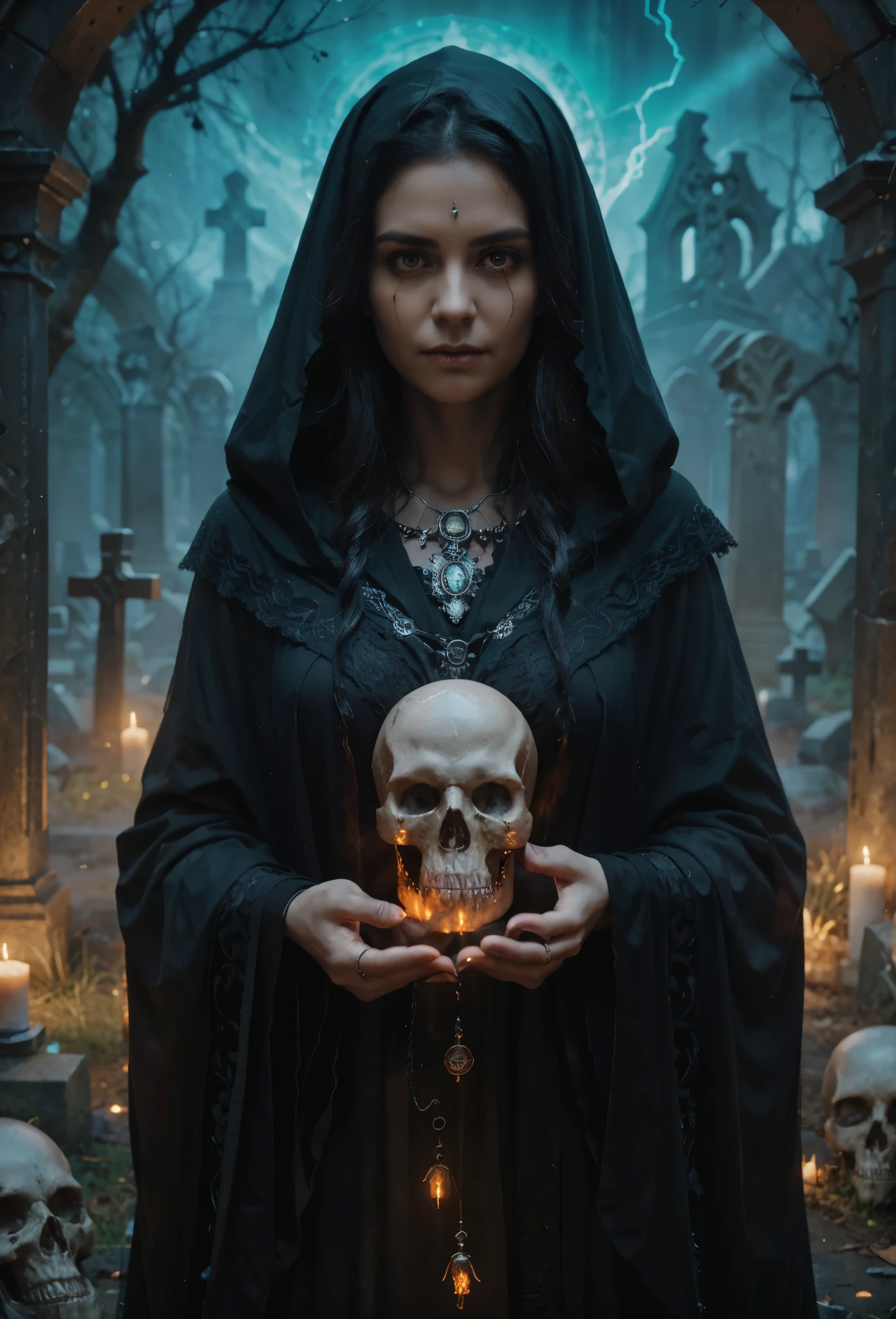painting of a demonic snow-white hands of a witch with long black claws hold a human skull on which falls a black veil with a runic pattern, dark atmosphere, cinematic scene, volumetric lights, ultra realistic, in the style of nicola samori