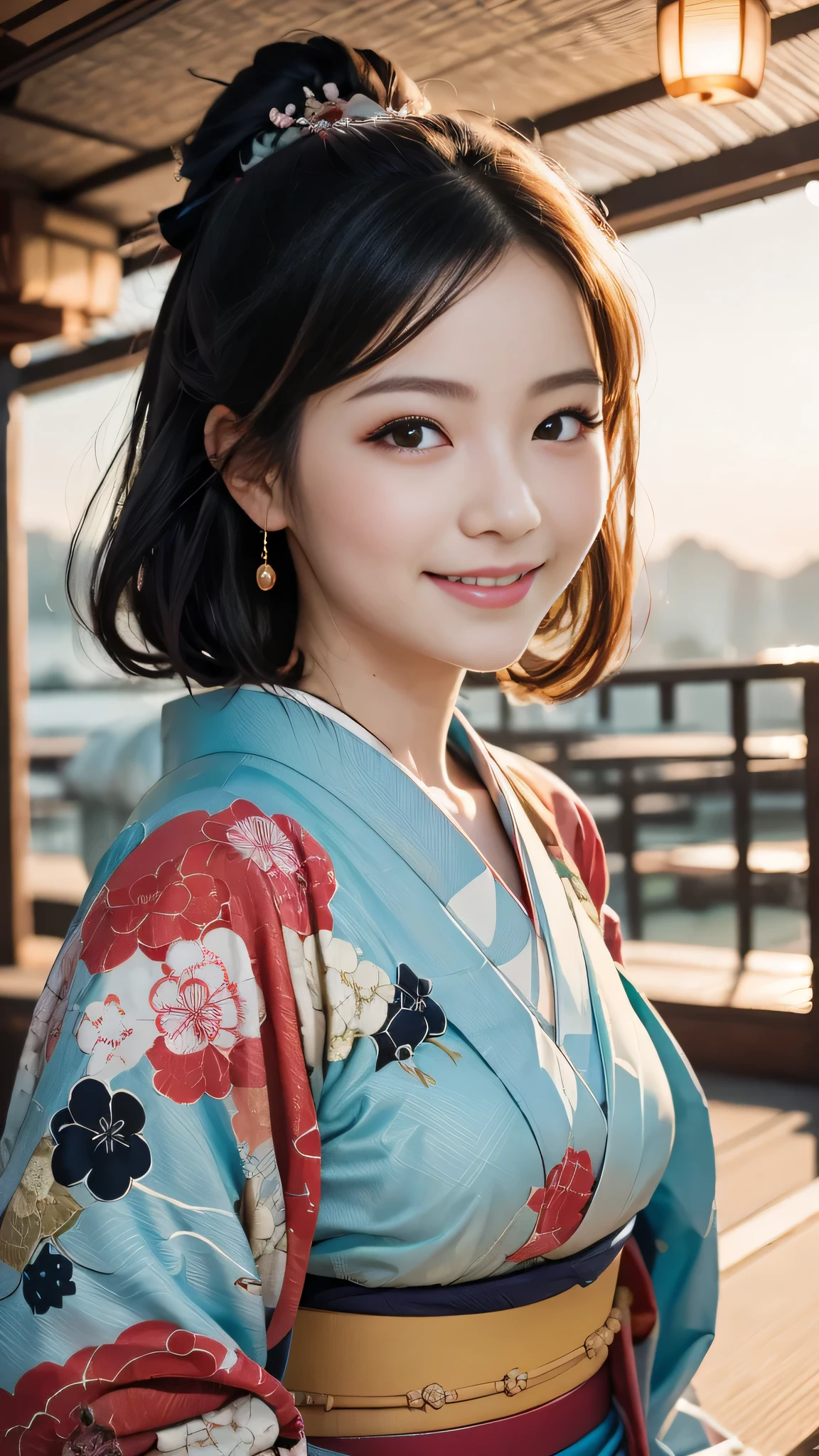 Looking at the camera,(((highest quality, 8k, masterpiece))), Sharp focus, (Beautiful woman with perfect figure), thin, (Hairstyle: up)), ((kimono)), street, Highly detailed face and skin texture Detailed eyes Double eyelid Random pose, (smile),super cute Japan person,super beauty Japanese girl, Realistic Face, double eyelid,smile,Summer festival , At sunset , Beautiful Teeth , Fireworks Background.