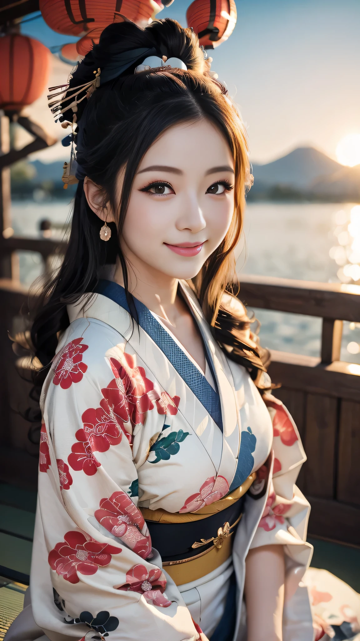 Looking at the camera,(((highest quality, 8k, masterpiece))), Sharp focus, (Beautiful woman with perfect figure), thin, (Hairstyle: up)), ((kimono)), street, Highly detailed face and skin texture Detailed eyes Double eyelid Random pose, (smile),super cute Japan person,super beauty Japanese girl, Realistic Face, double eyelid,smile,Summer festival , At sunset , Beautiful Teeth , Fireworks Background.