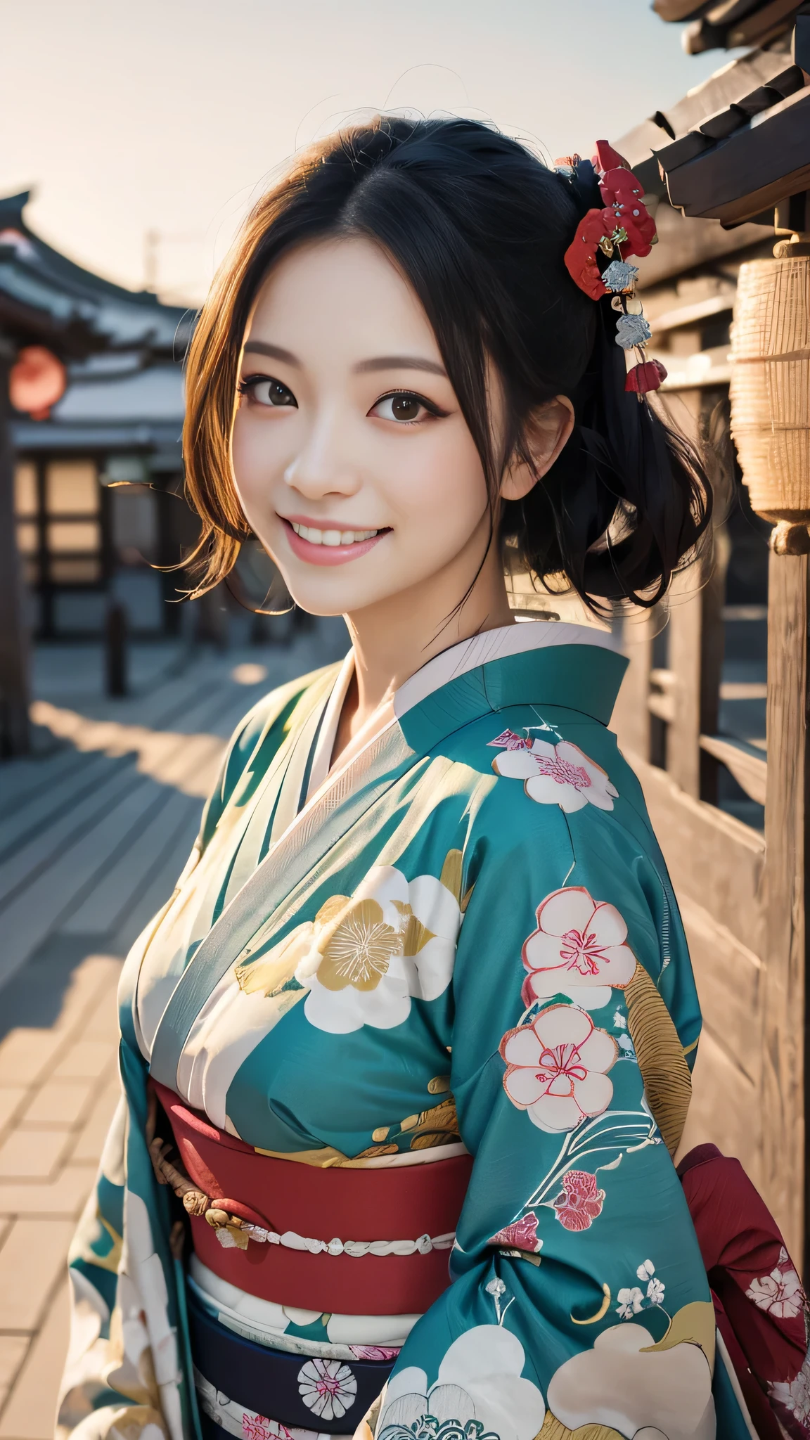 Looking at the camera,(((highest quality, 8k, masterpiece))), Sharp focus, (Beautiful woman with perfect figure), thin, (Hairstyle: up)), ((kimono)), street, Highly detailed face and skin texture Detailed eyes Double eyelid Random pose, (smile),super cute Japan person,super beauty Japanese girl, Realistic Face, double eyelid,smile,Summer festival , At sunset , Beautiful Teeth , Fireworks Background.